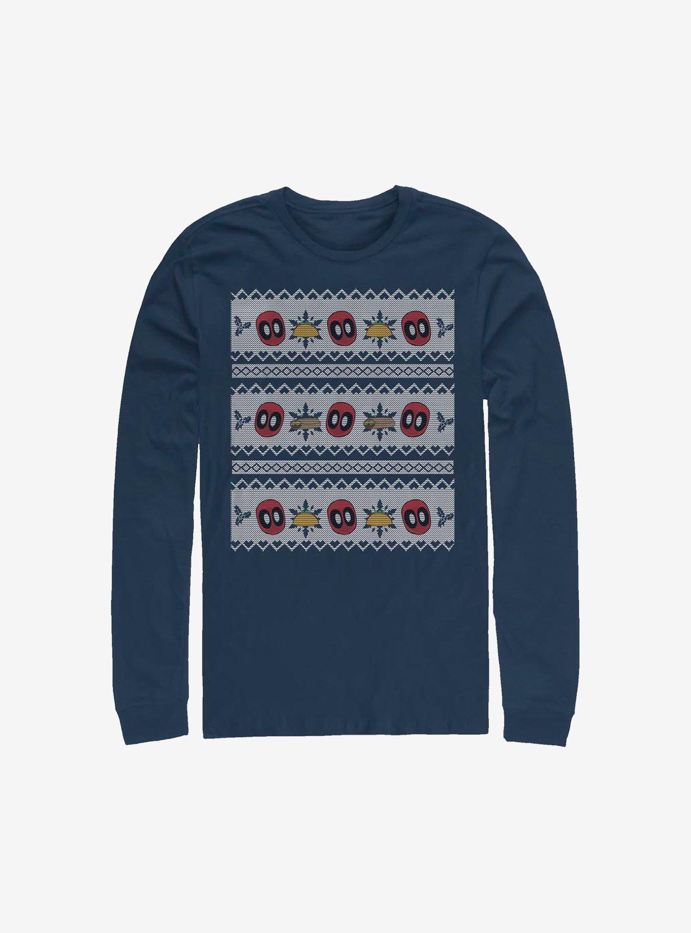 Marvel Deadpool Christmas Pattern Sweater Long-Sleeve T-Shirt, NAVY, hi-res