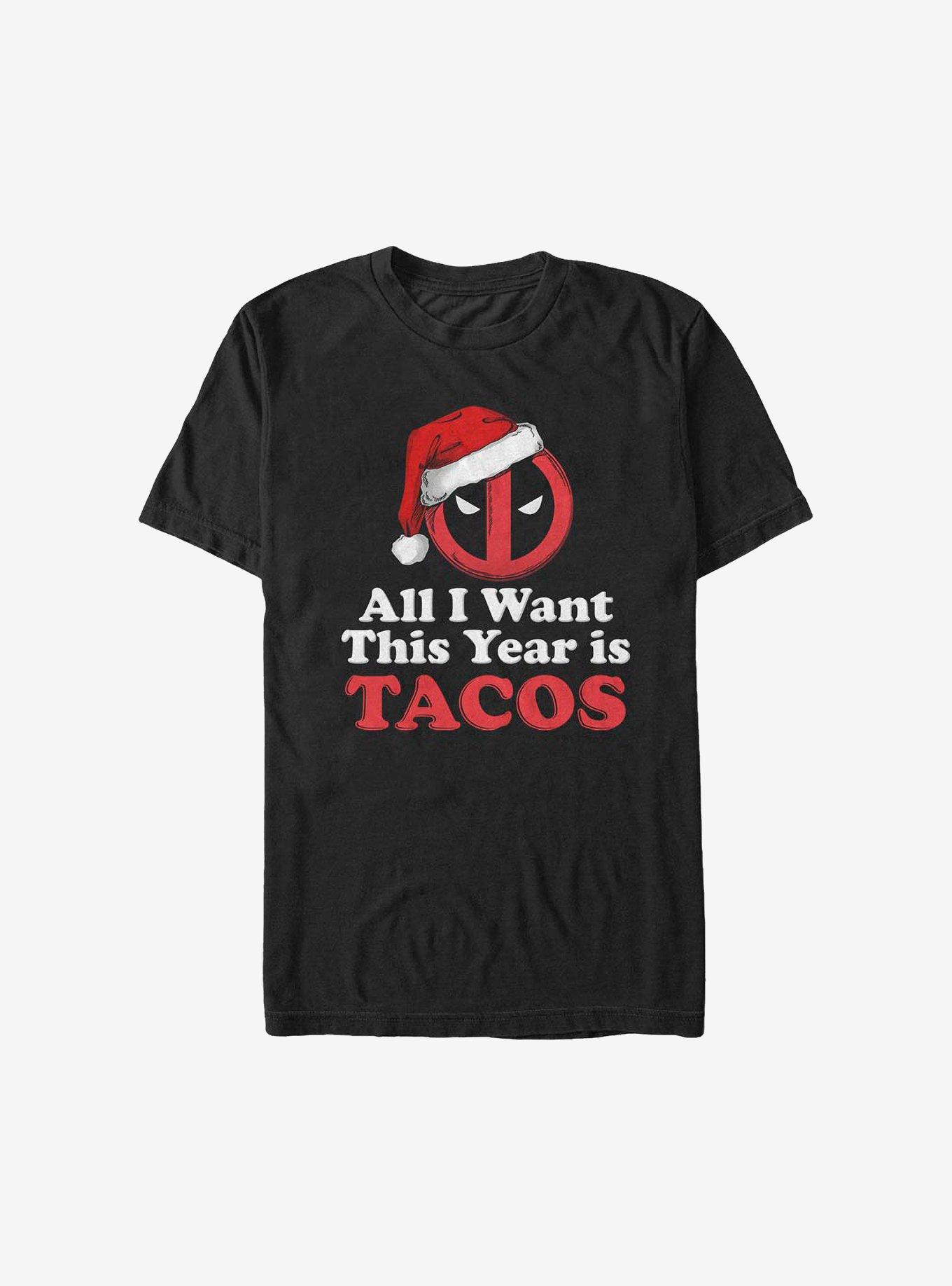 Marvel Deadpool All I Want This Year Is Tacos Holiday T-Shirt, BLACK, hi-res