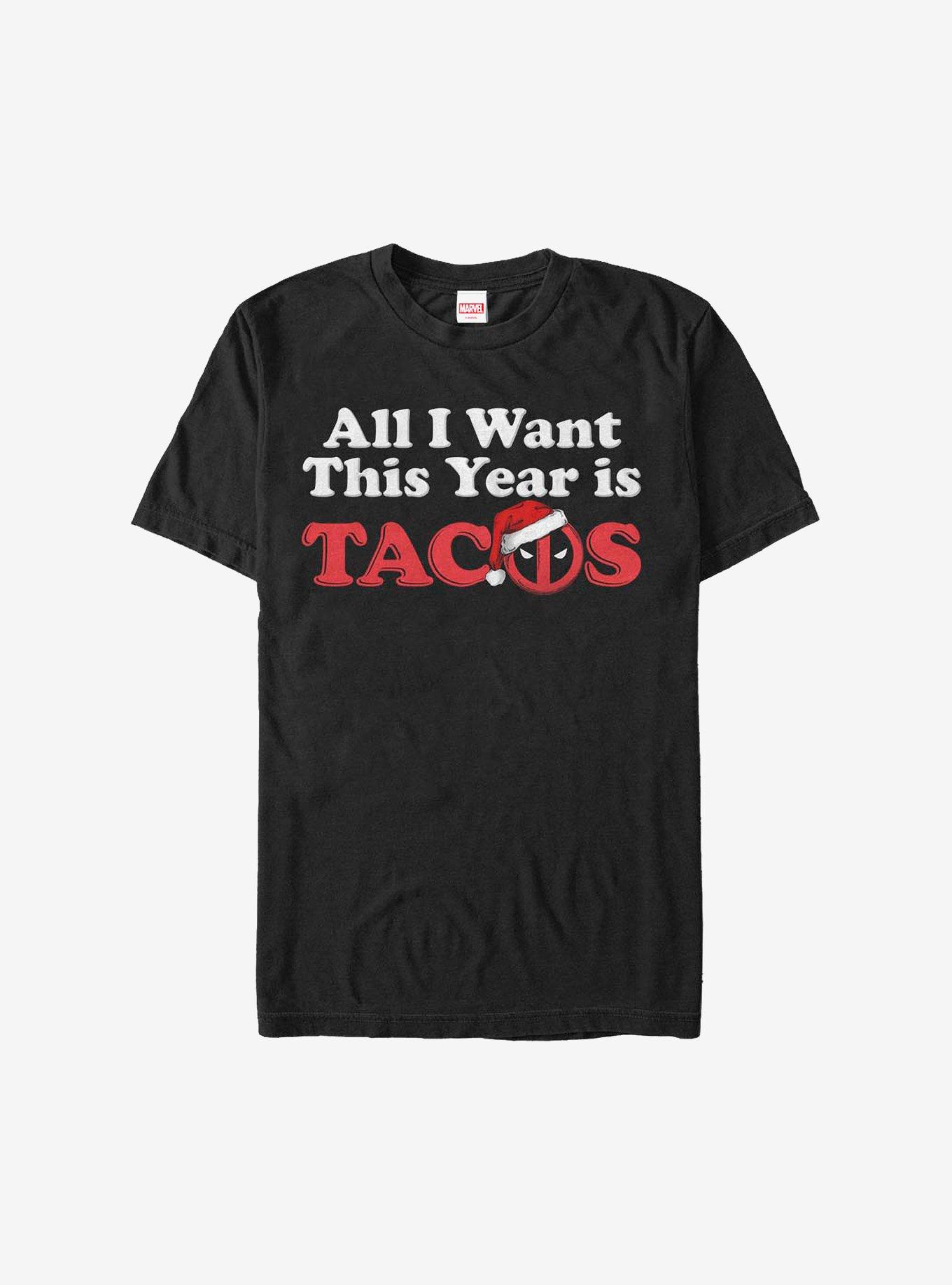 Marvel Deadpool All I Want This Year Is Tacos Logo Holiday T-Shirt, BLACK, hi-res