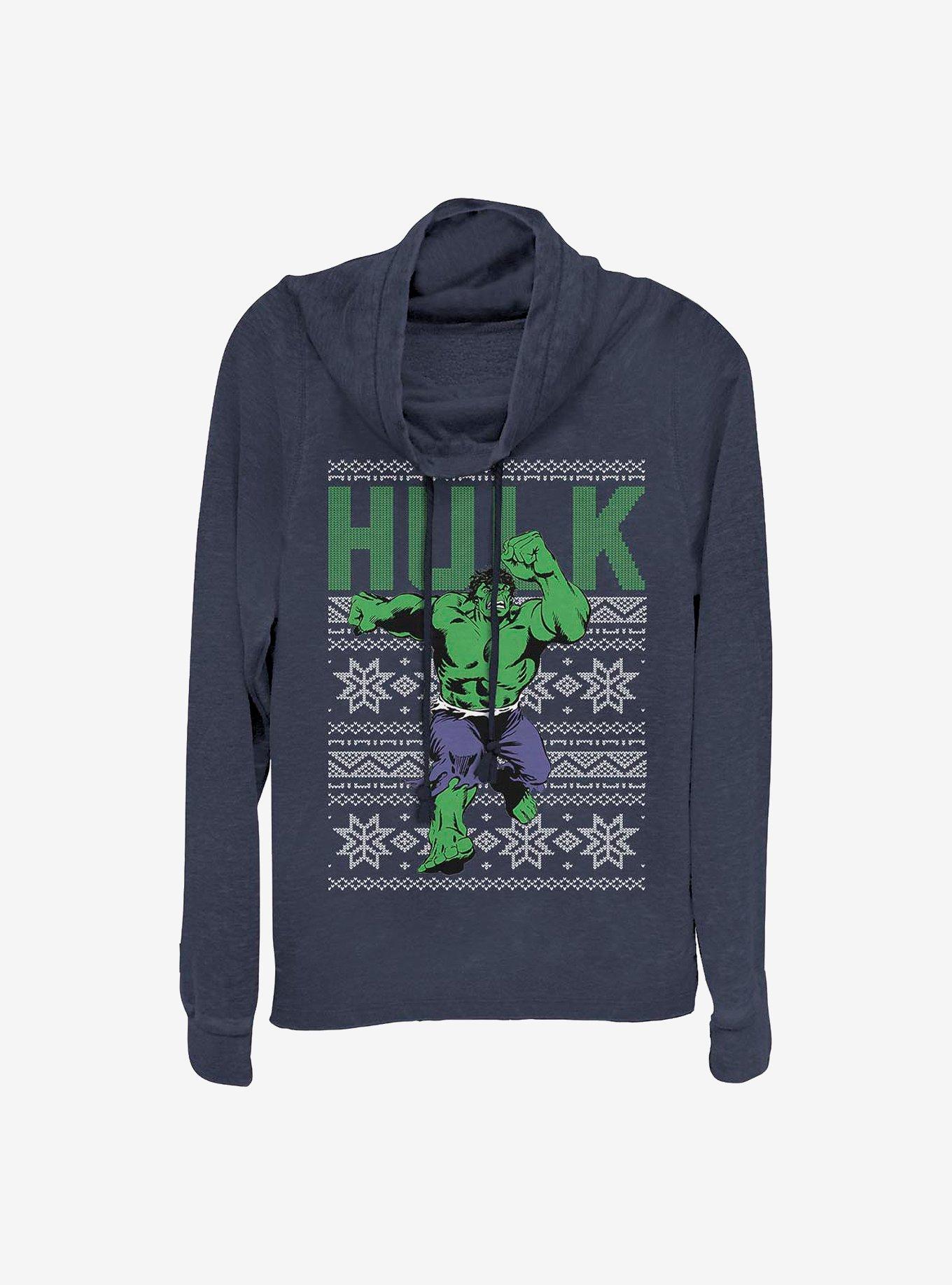 Marvel Hulk Ugly Christmas Sweater Cowl Neck Long-Sleeve Girls Top, NAVY, hi-res