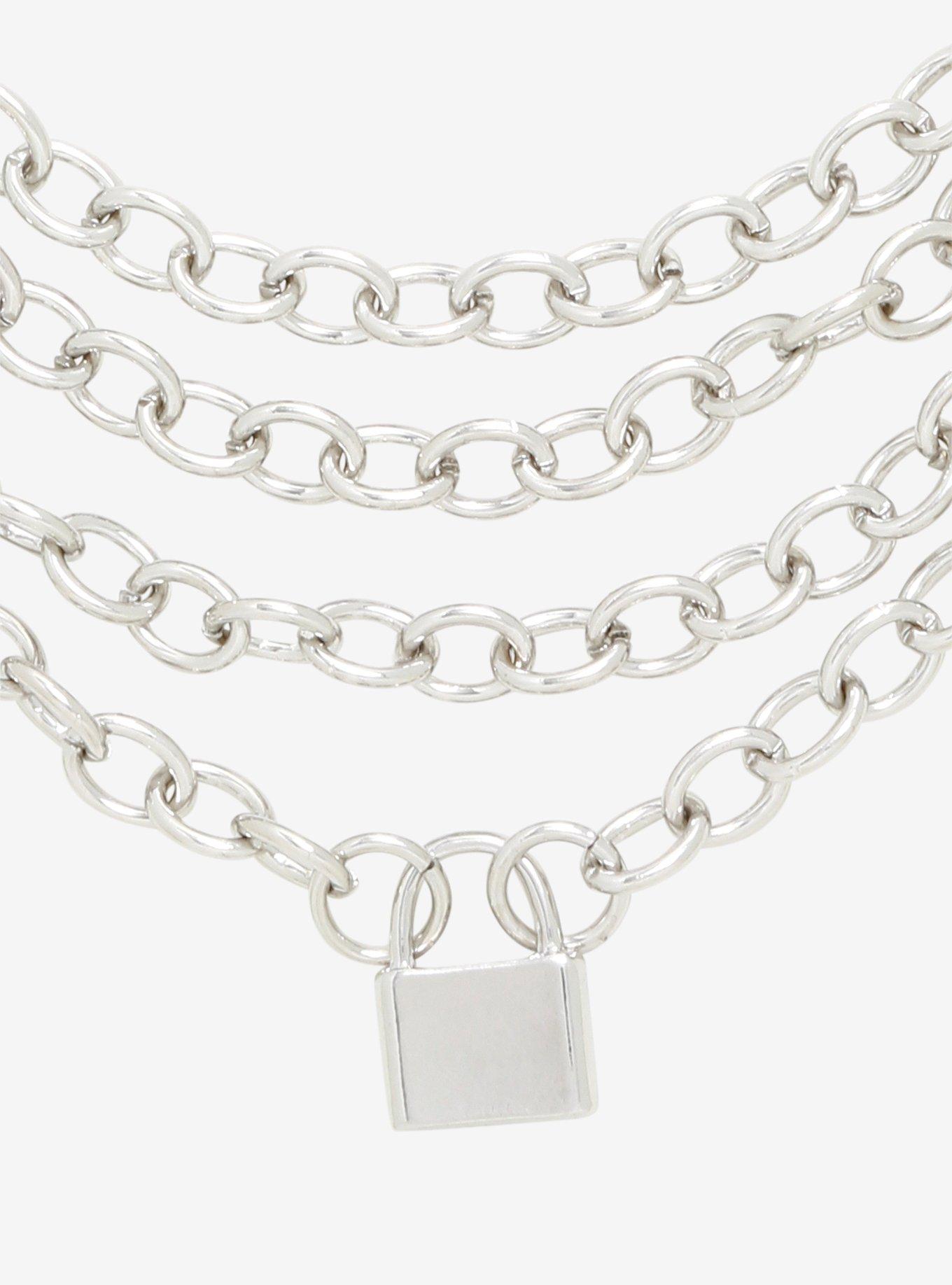 Silver Padlock Layered Chain Necklace, , hi-res