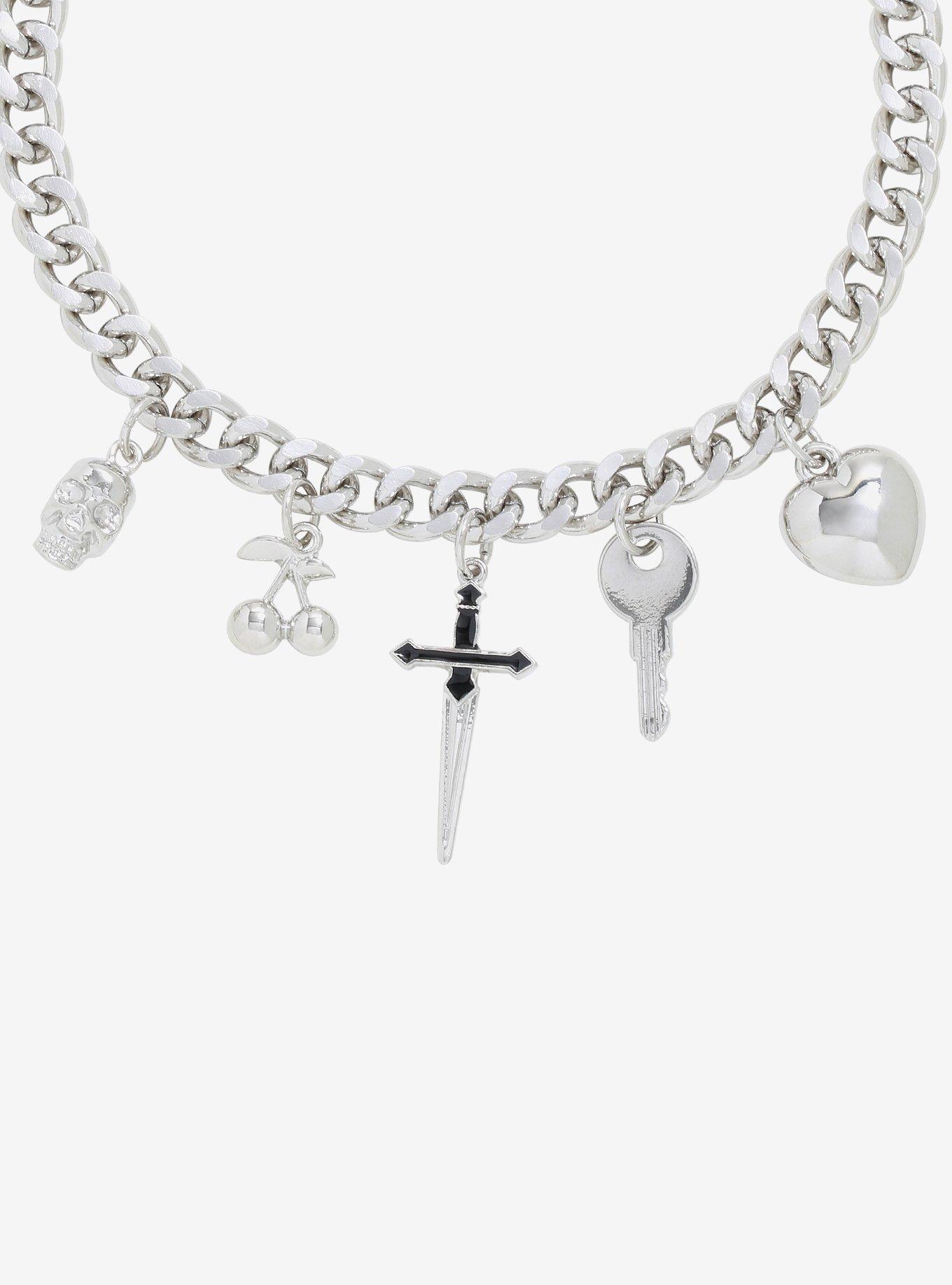 Heart Cherry Skull Charm Silver Chain Choker, , hi-res