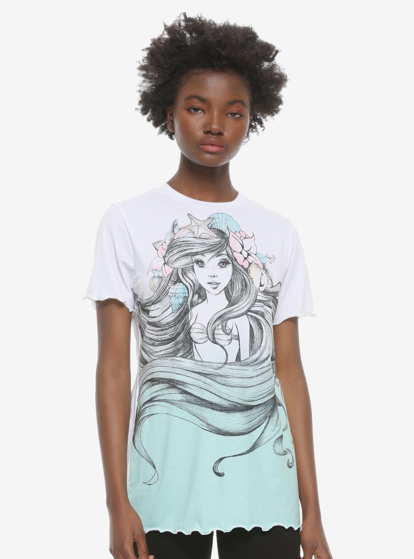 Disney The Little Mermaid Ariel Sketch Lettuce Edge Girl T-Shirt, BLUE, hi-res