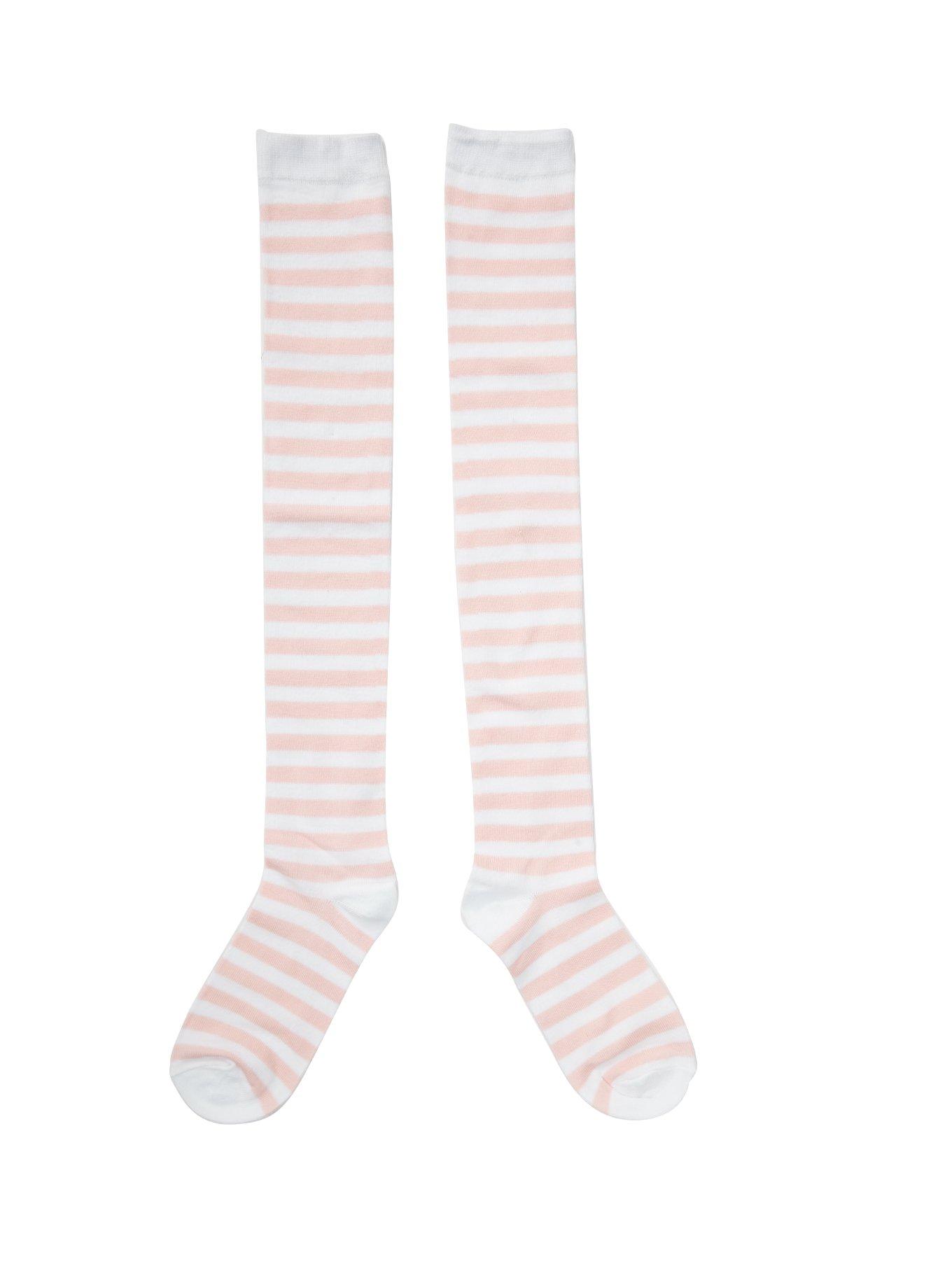Pink & White Striped Over-The-Knee Socks, , hi-res