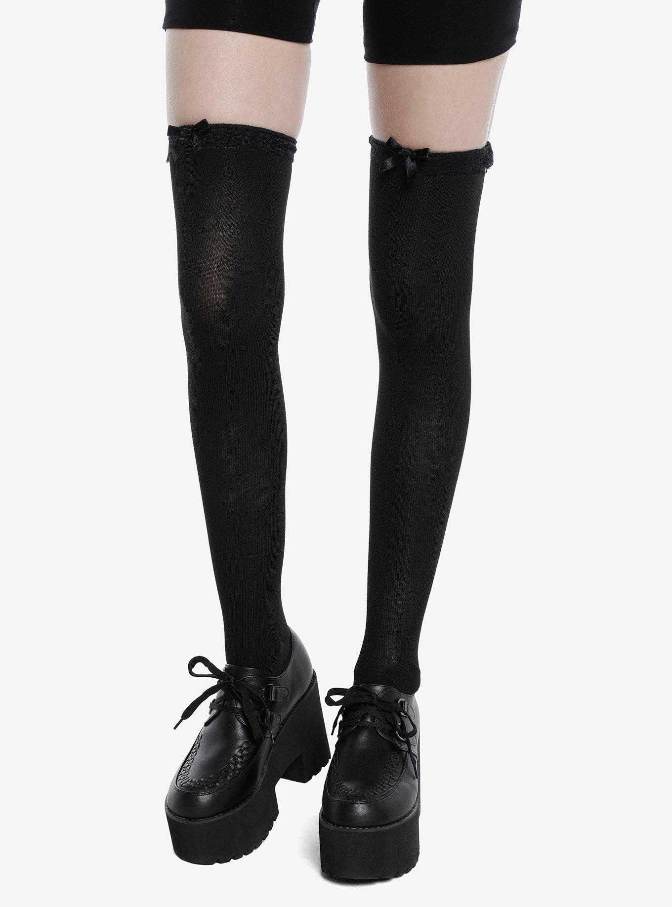 Black Lace & Bow Over-The-Knee Socks, , hi-res