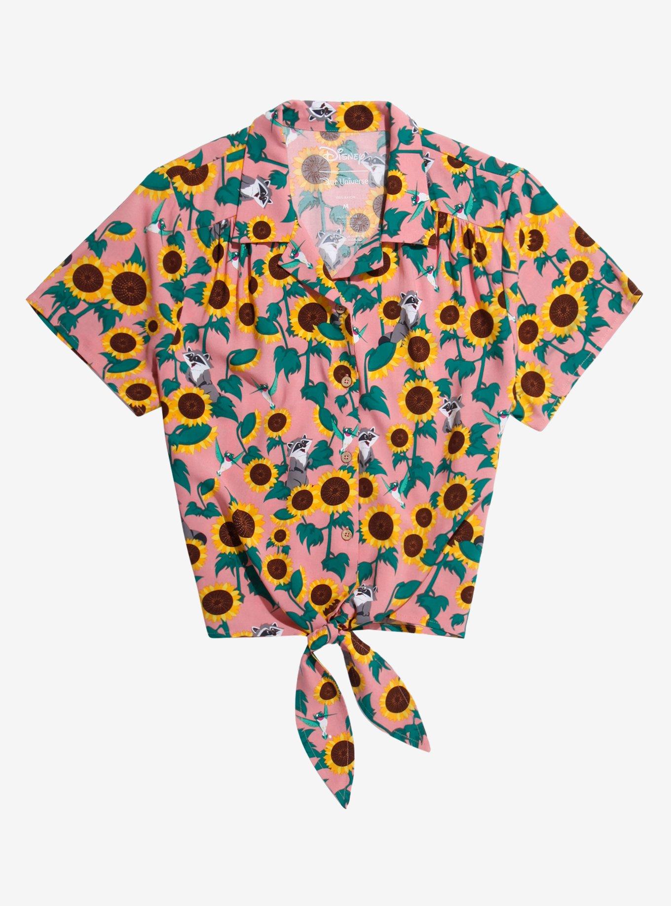 Our Universe Disney Pocahontas Meeko & Flit Sunflower Women's Tie-Front Woven Top - BoxLunch Exclusive, GREEN, hi-res