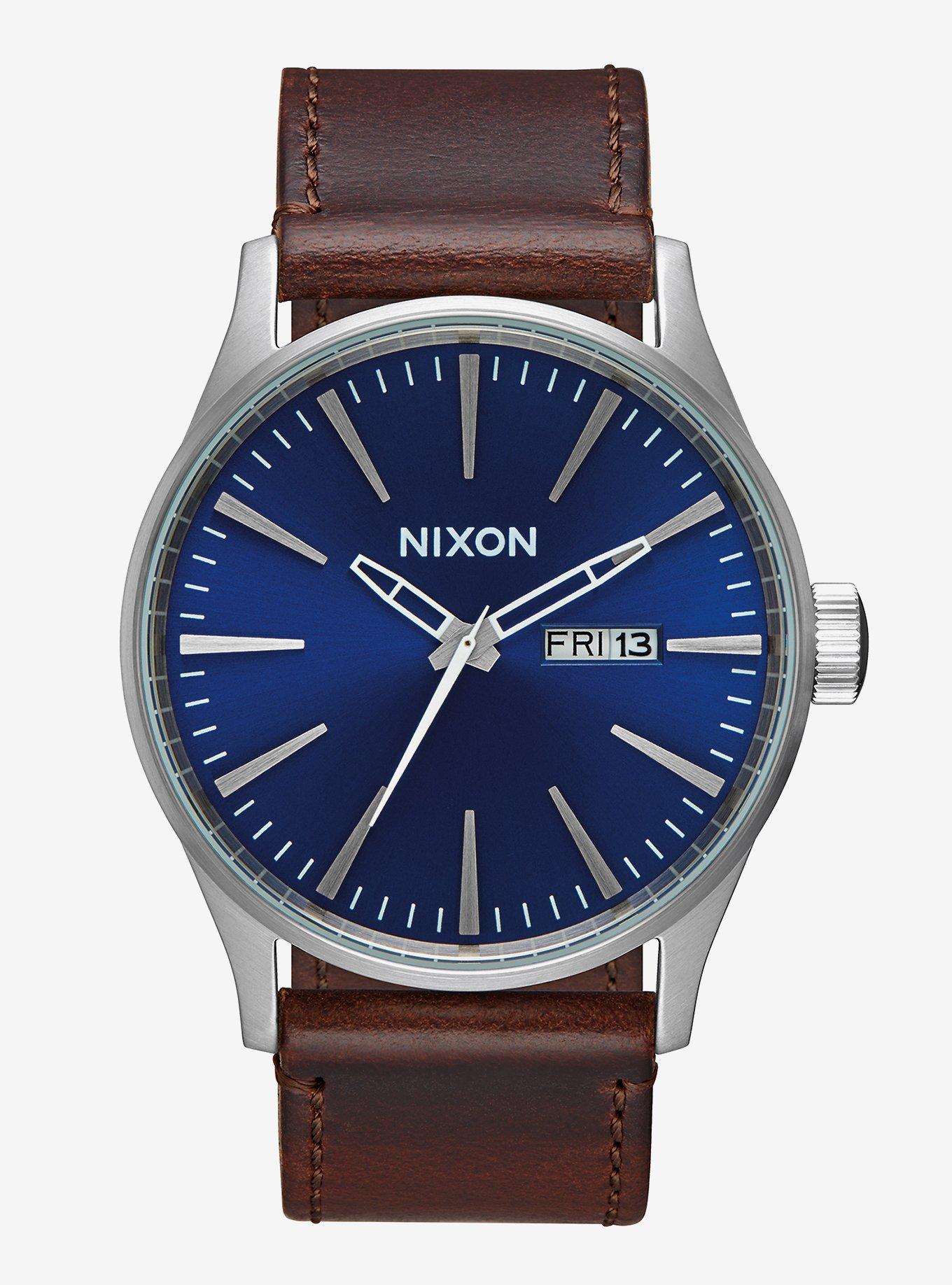 Nixon Sentry Leather Blue Brown Watch, , hi-res