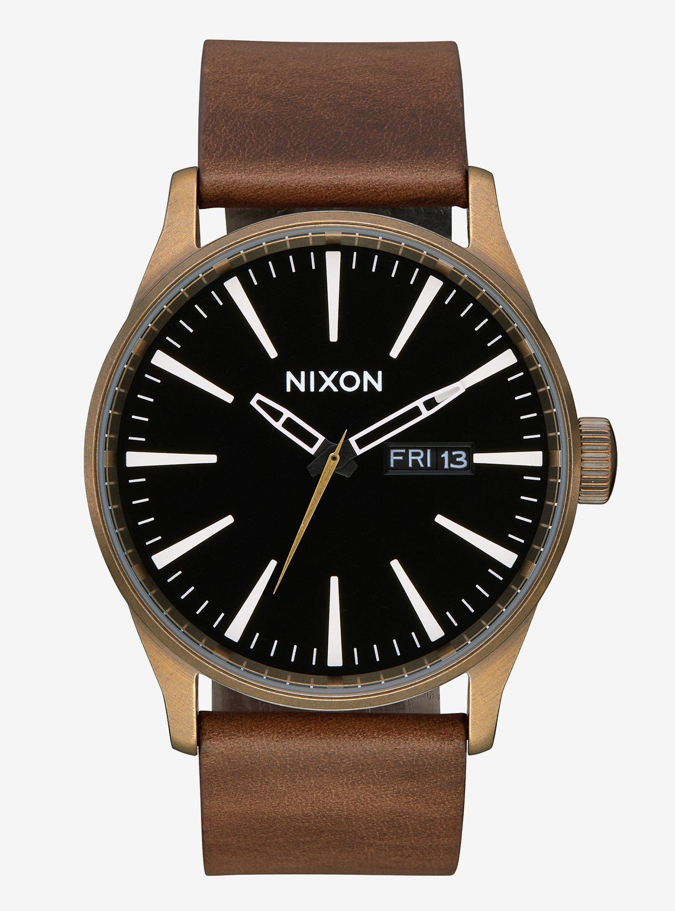 Nixon Sentry Leather Brass Black Brown Watch, , hi-res