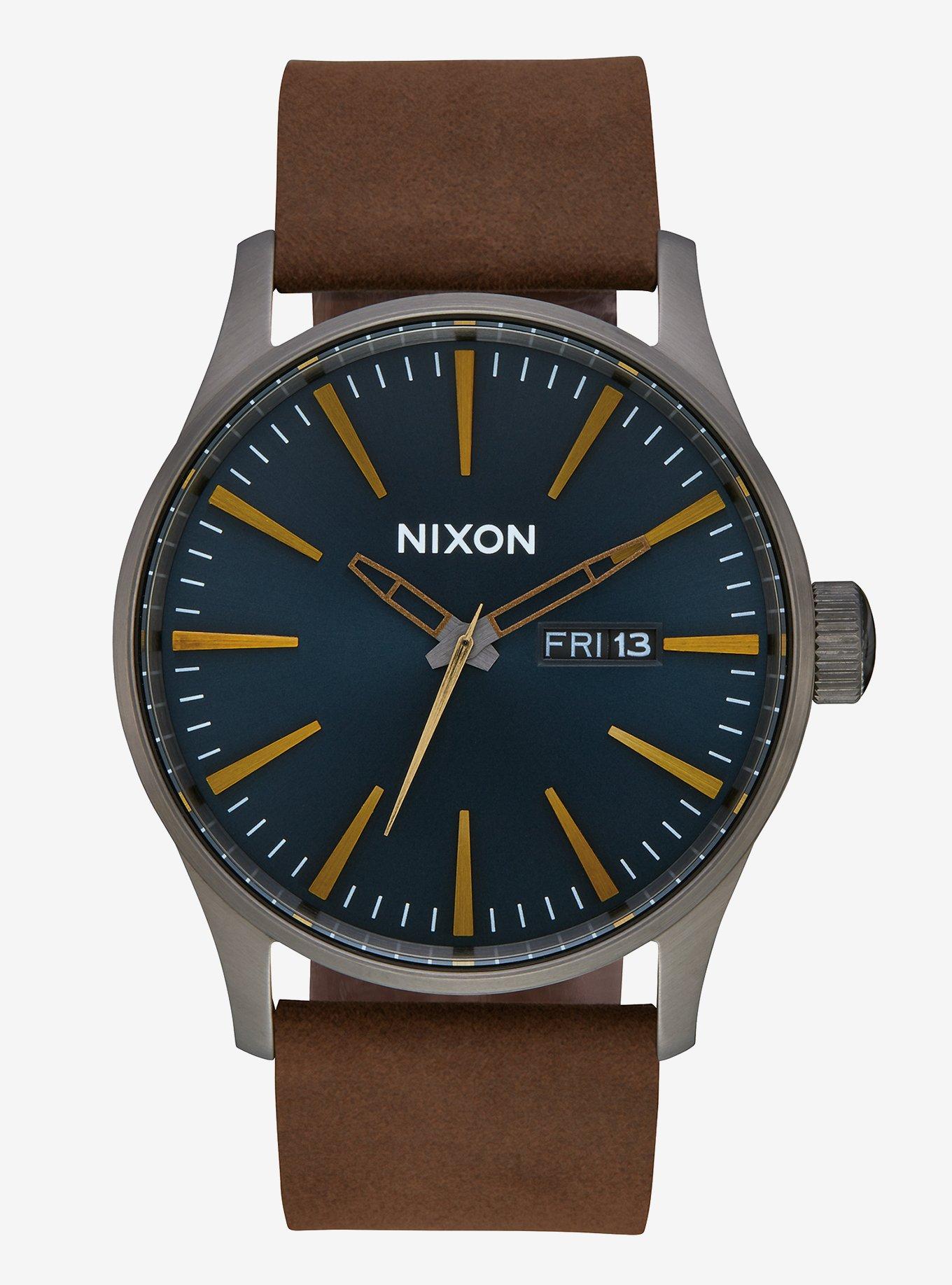 Nixon Sentry Leather Gunmetal Indigo Brown Watch Hot Topic