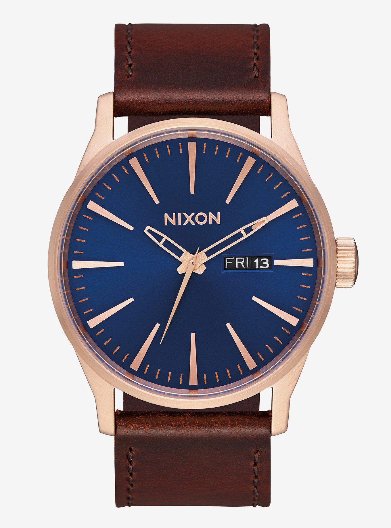 Nixon Sentry Leather Rose Gold Navy Brown Watch, , hi-res