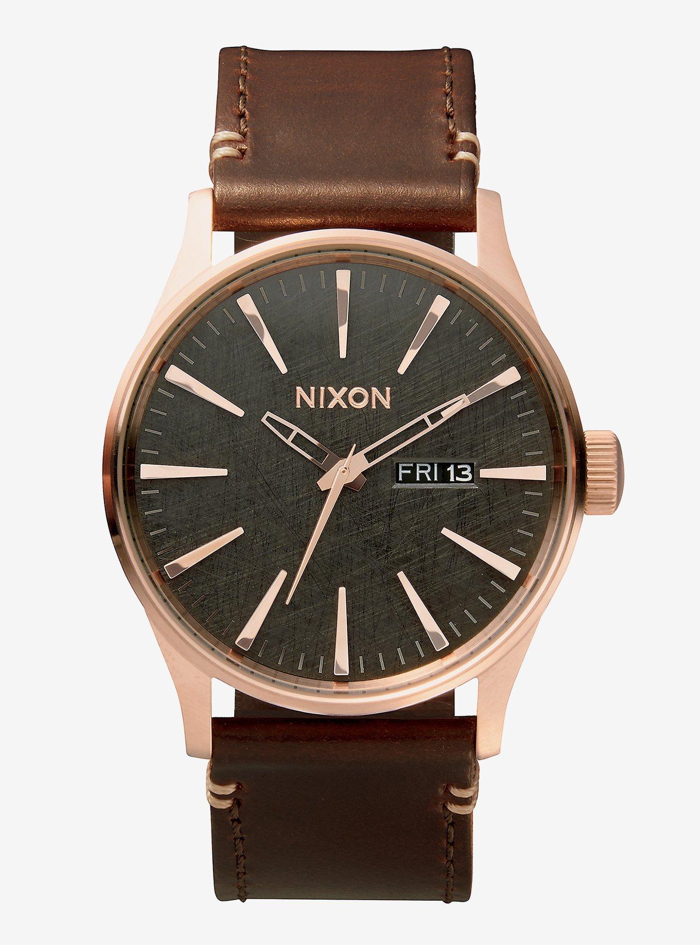 Nixon Sentry Leather Rose Gold Gunmetal Brown Watch, , hi-res