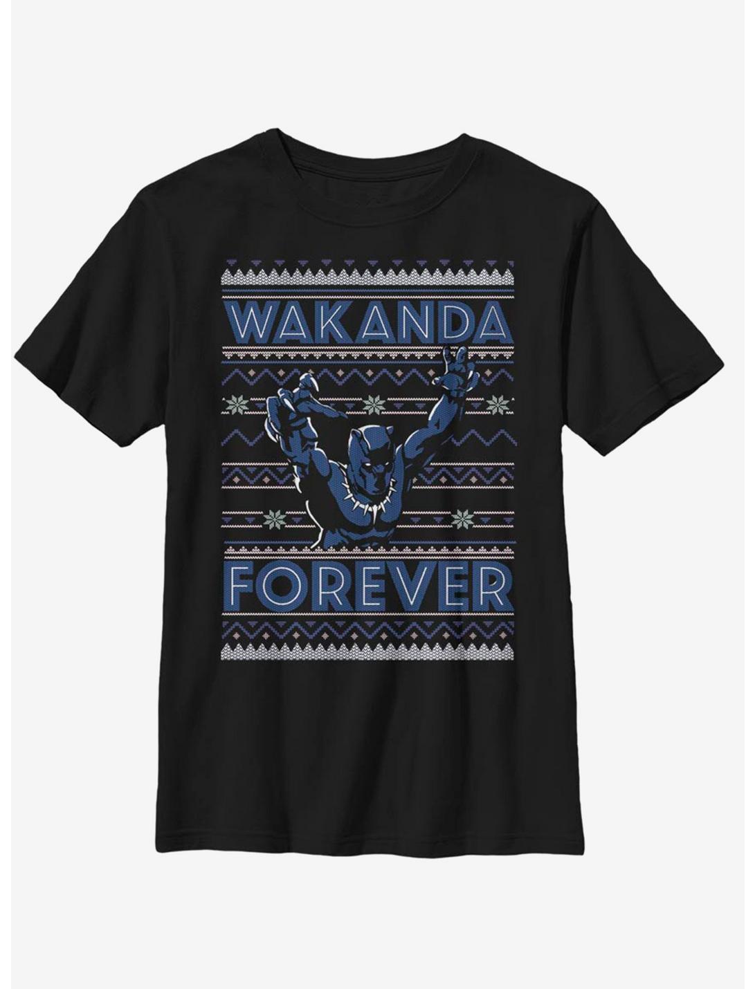 Marvel Black Panther Wakanda Holiday Christmas Pattern Youth T-Shirt, BLACK, hi-res