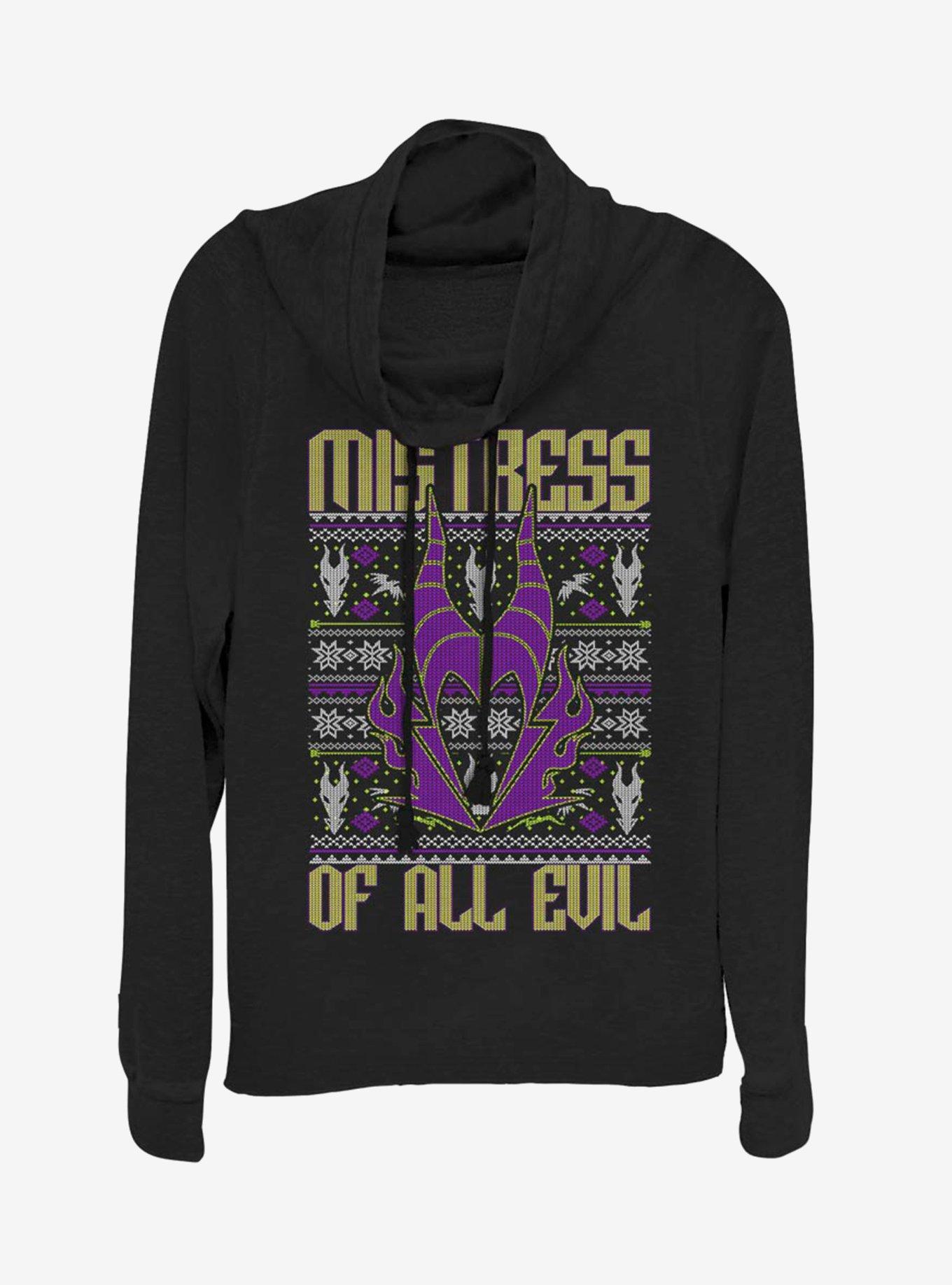Disney Maleficent Mistress Of All Evil Christmas Pattern Cowlneck Long-Sleeve Womens Top, BLACK, hi-res