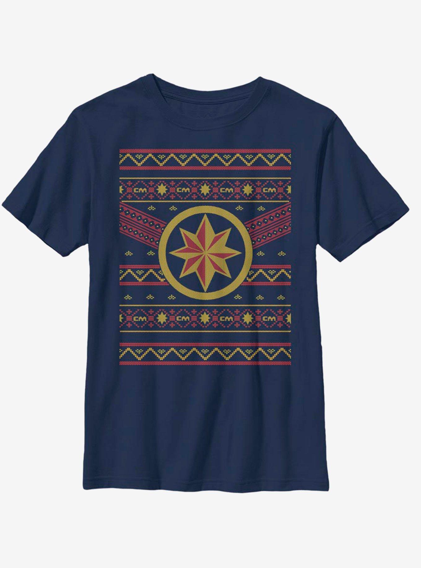 Marvel Captain Marvel Christmas Pattern Youth T-Shirt, NAVY, hi-res