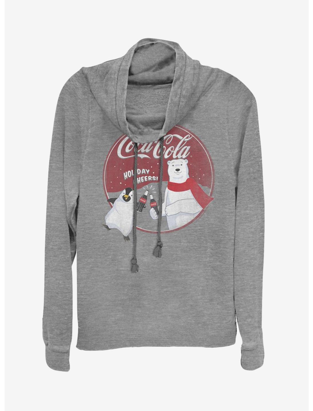 Coca Cola Holiday Cheers Bear Cowlneck Long-Sleeve Womens Top, GRAY HTR, hi-res