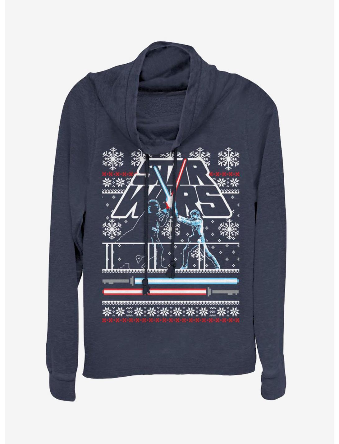 Star Wars Holiday Face Off Christmas Pattern Cowlneck Long-Sleeve Womens Top, NAVY, hi-res