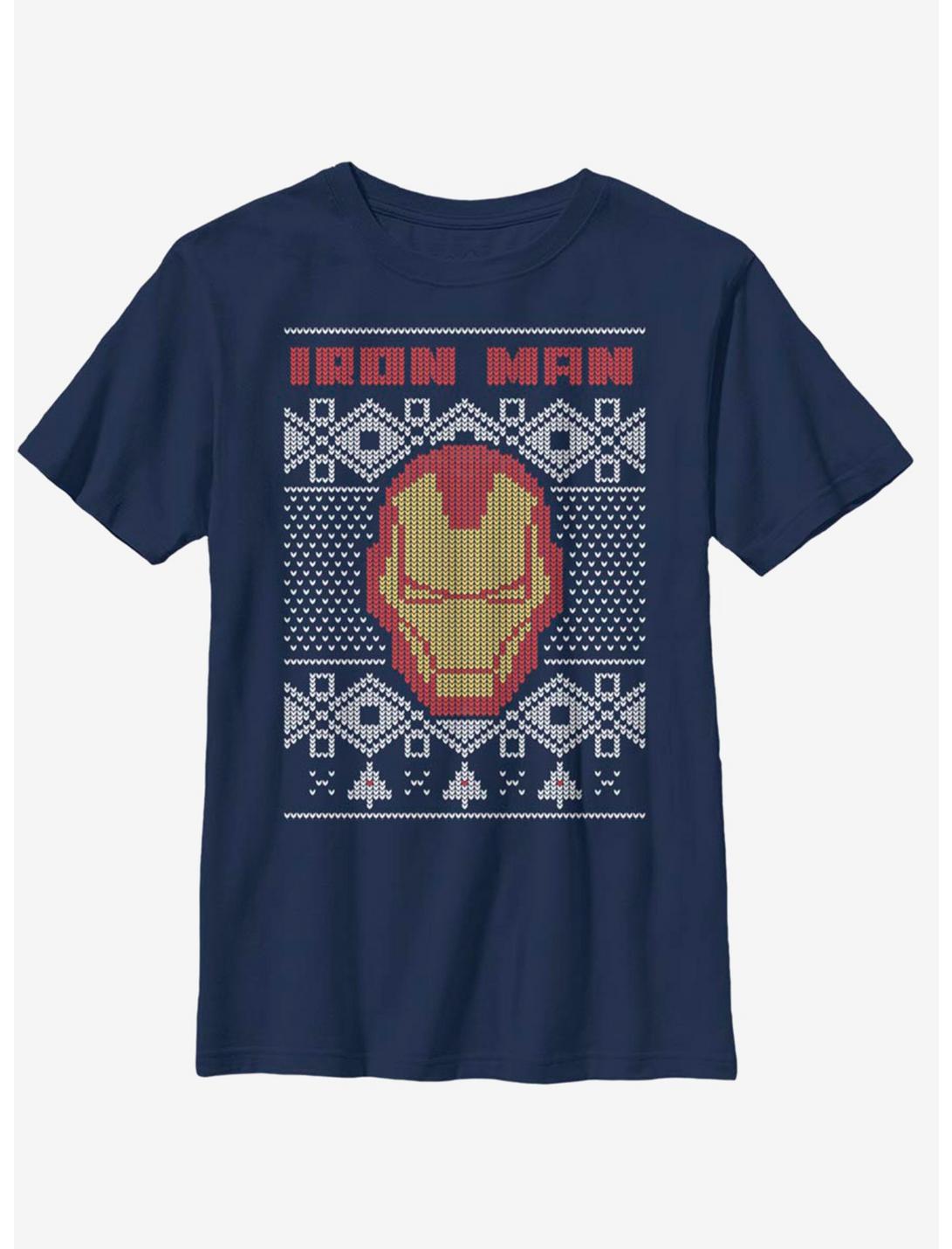 Marvel Iron Man Helmet Christmas Pattern Youth T-Shirt, NAVY, hi-res