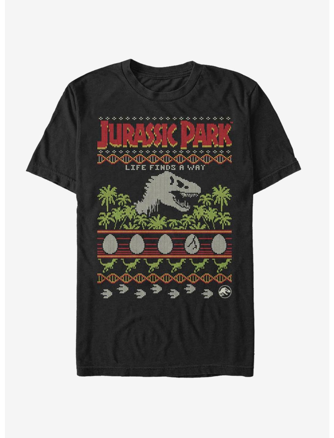 Jurassic Park Life Finds A Way Christmas Pattern T-Shirt, BLACK, hi-res