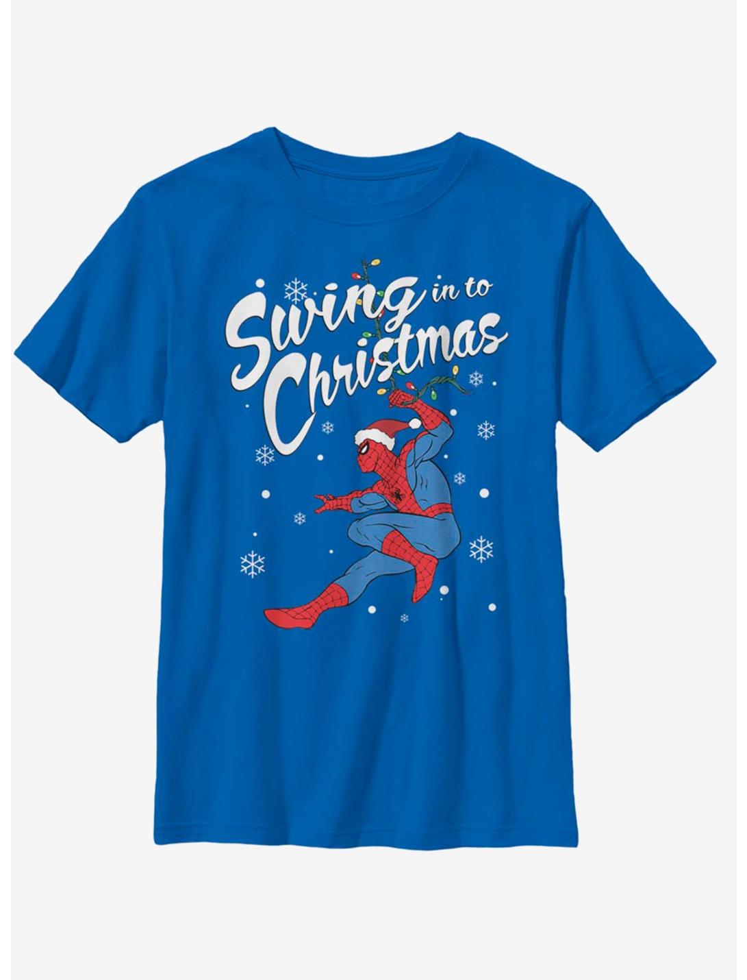 Marvel Spider-Man Swinging Spidey Christmas Youth T-Shirt, ROYAL, hi-res