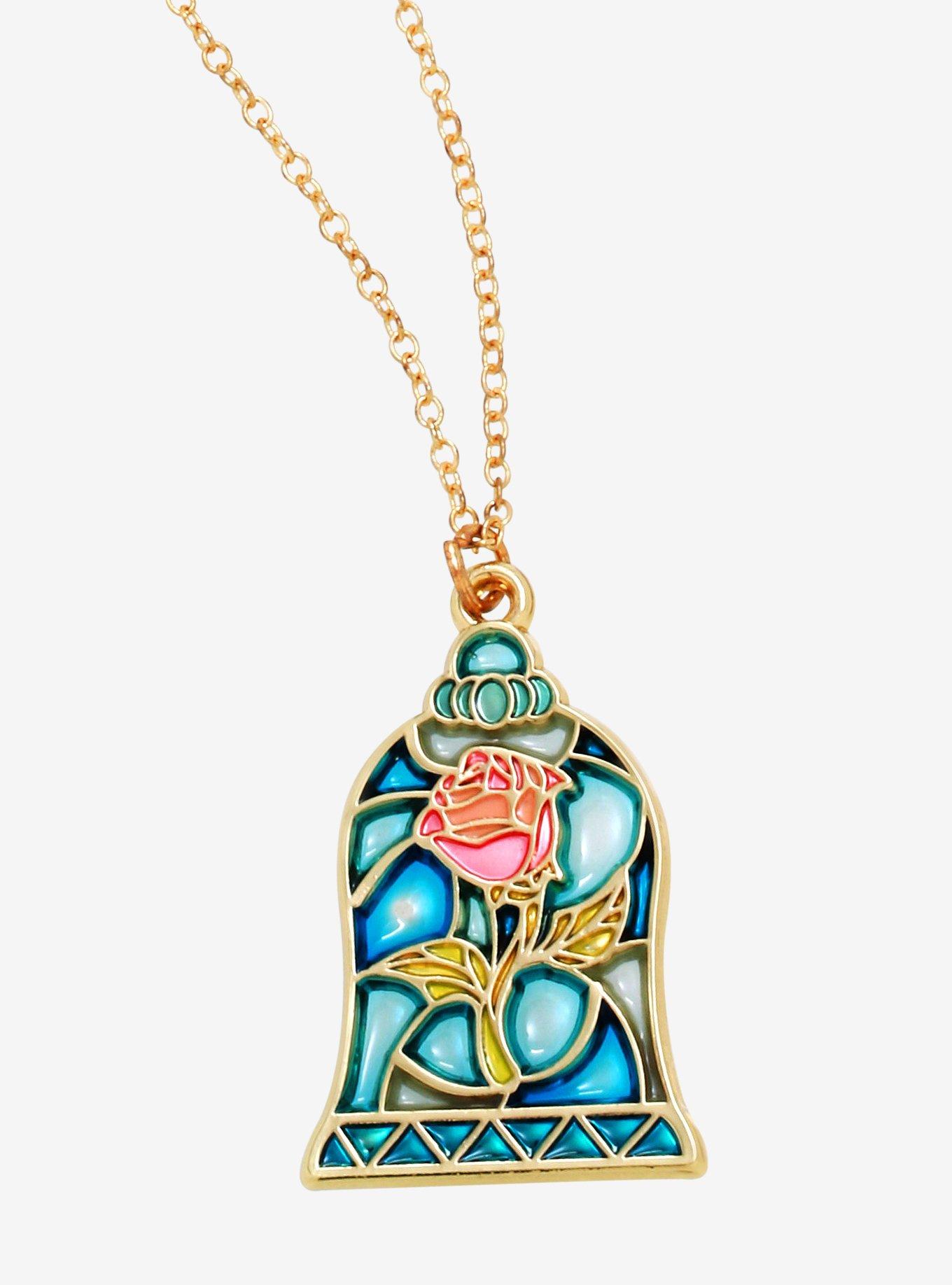 beauty and the beast rose in glass necklace