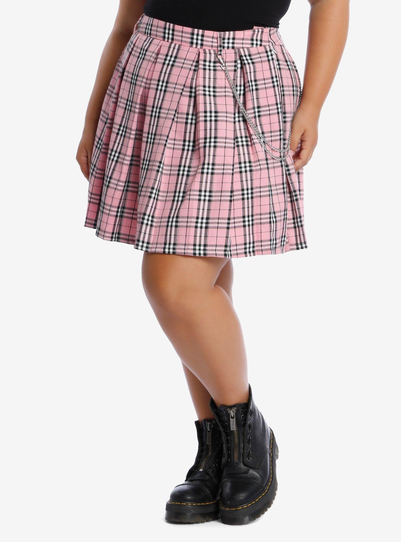 Pink Plaid Pleated Chain Skirt Plus Size, PLAID - PINK, hi-res
