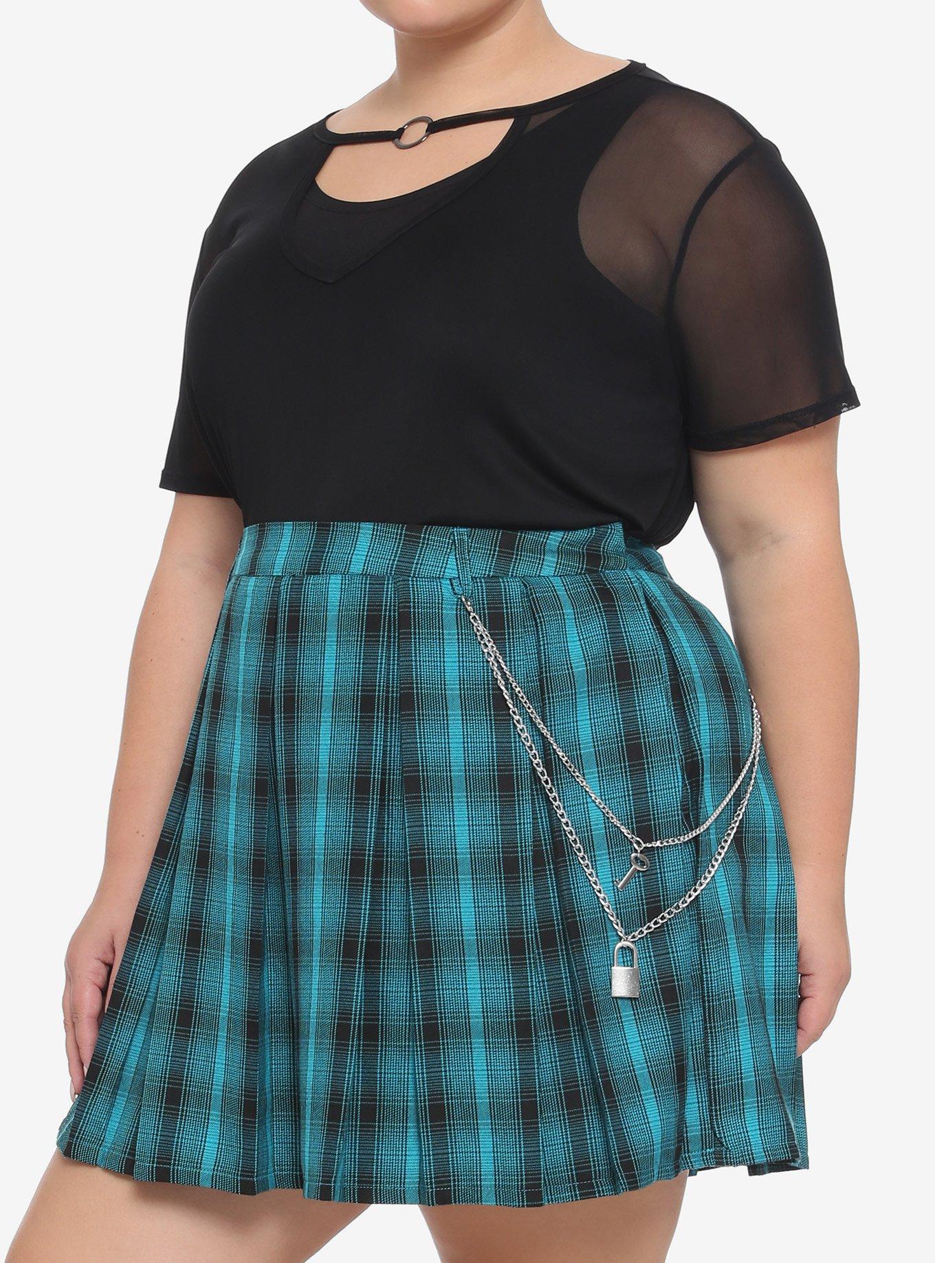 Teal Plaid Pleated Chain Skirt Plus Size, TEAL, hi-res