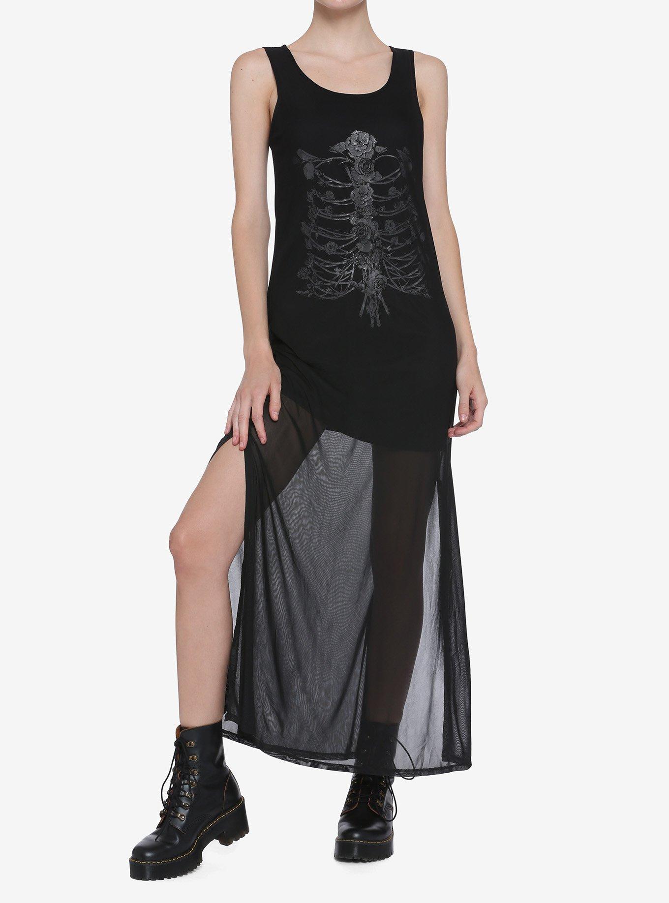 Floral Rib Cage Mesh Maxi Dress, BLACK, hi-res