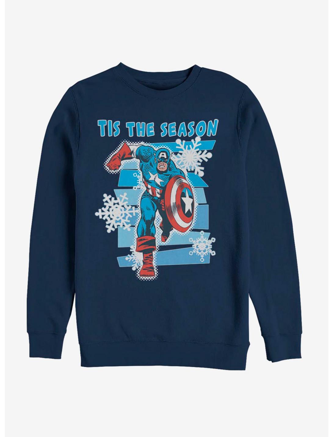 Marvel Captain America Tis The Season Snowflake Crew Sweatshirt, NAVY, hi-res