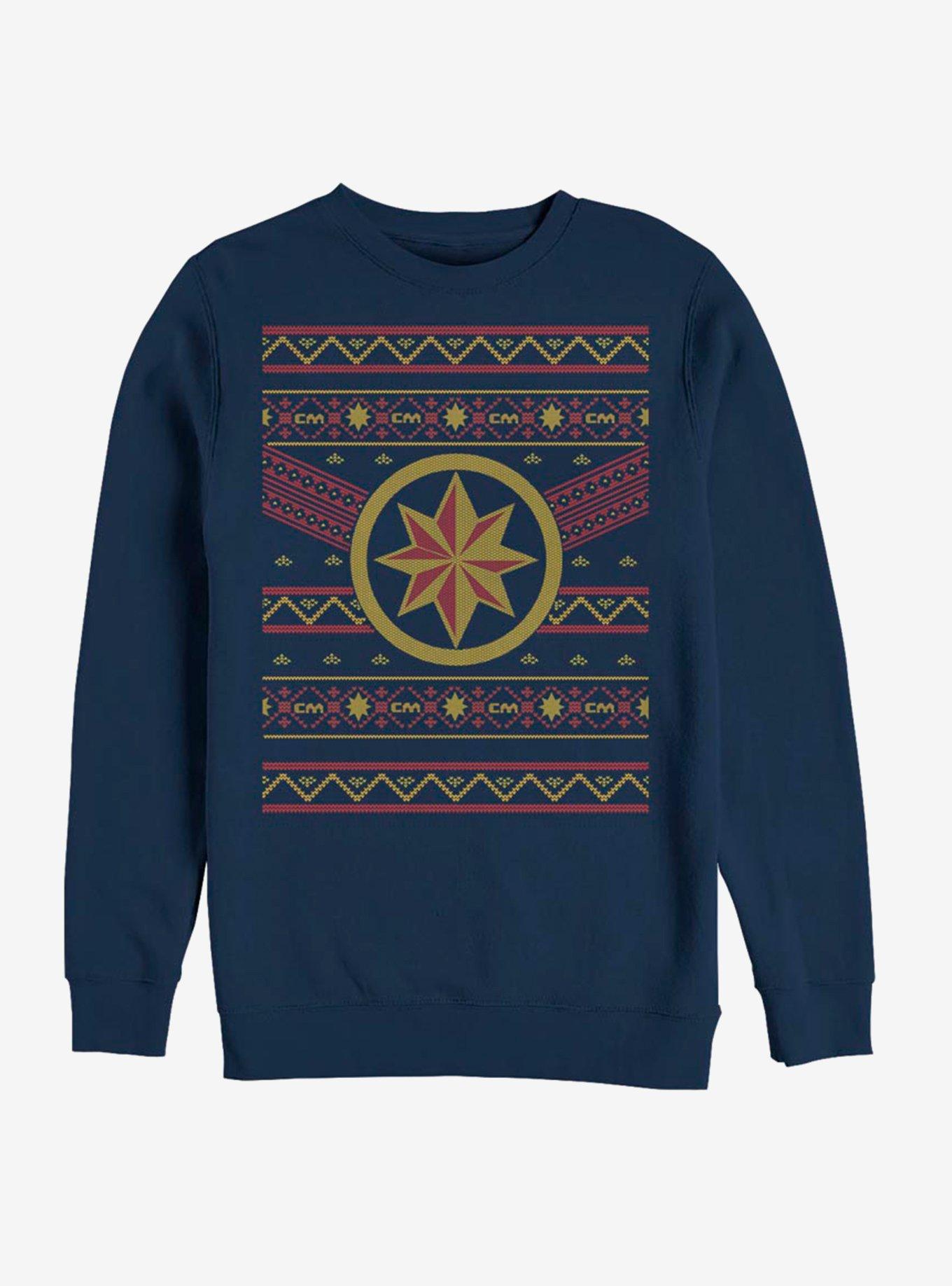 Captain Marvel Logo Ugly Christmas Crew Sweatshirt, NAVY, hi-res