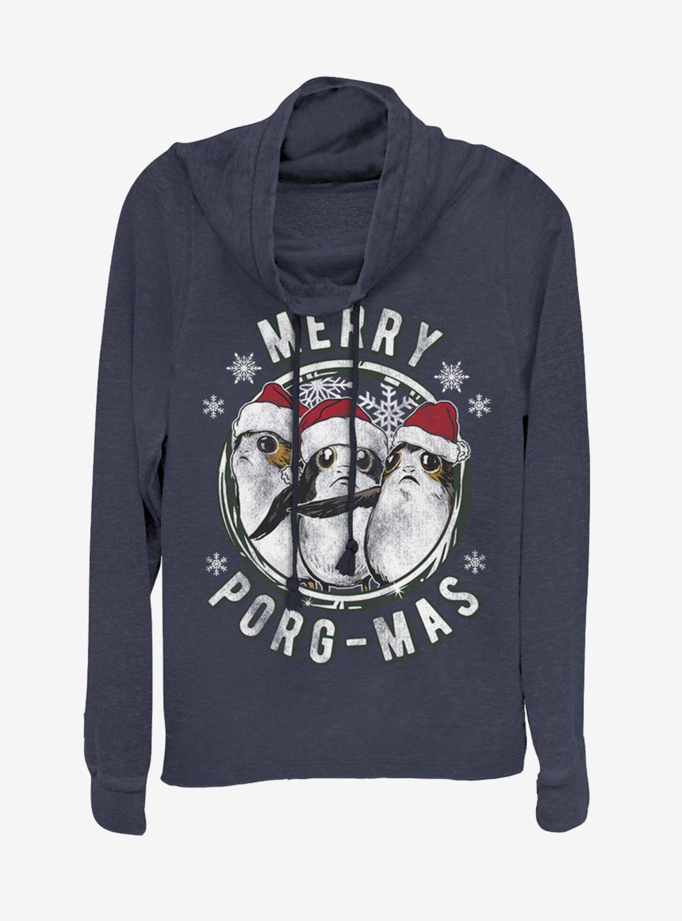 Star Wars Merry Christmas Porgs Cowl Neck Long-Sleeve Girls Top, NAVY, hi-res