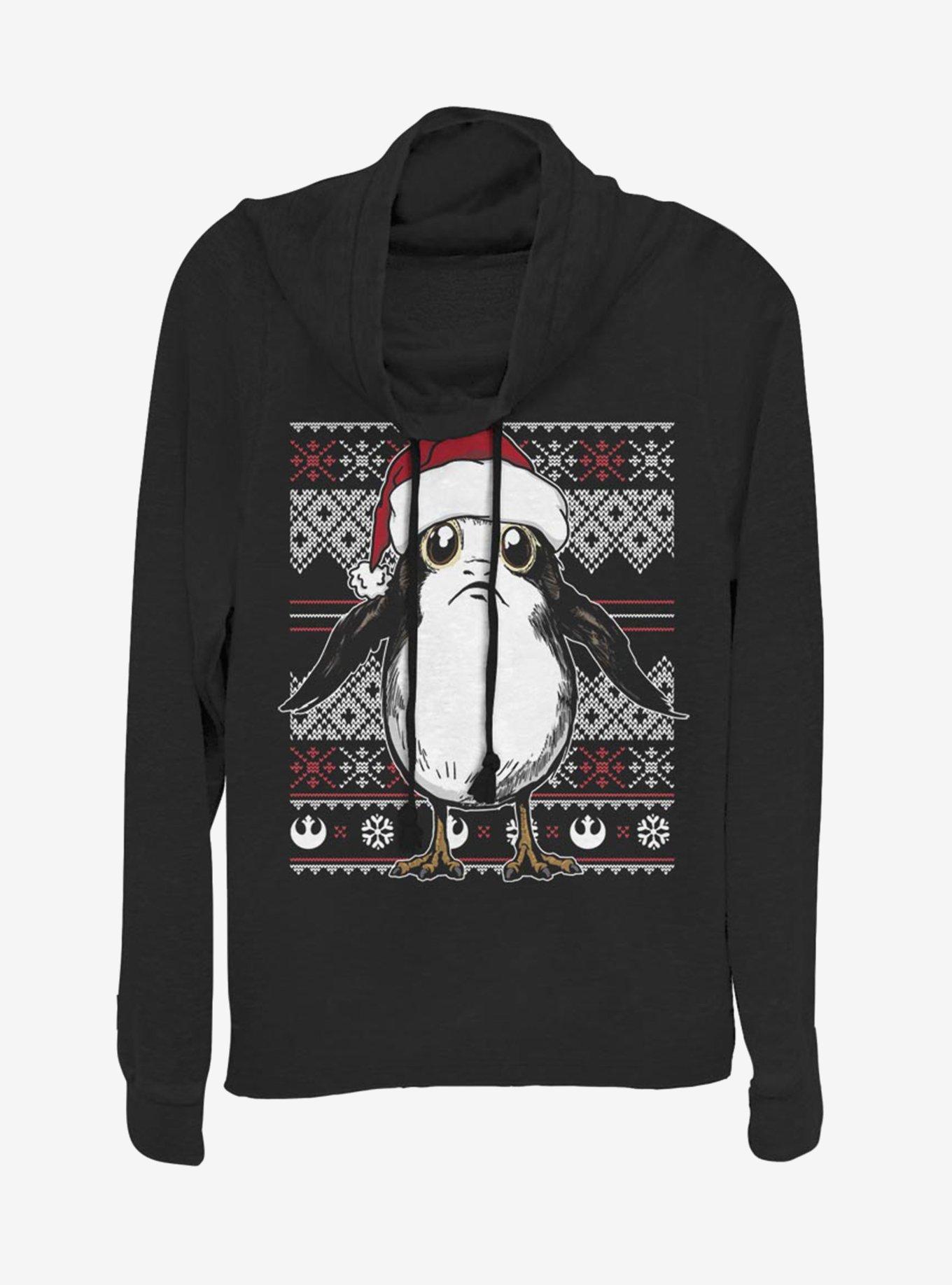 Star Wars Santa Porg Ugly Christmas Cowl Neck Long-Sleeve Girls Top, BLACK, hi-res