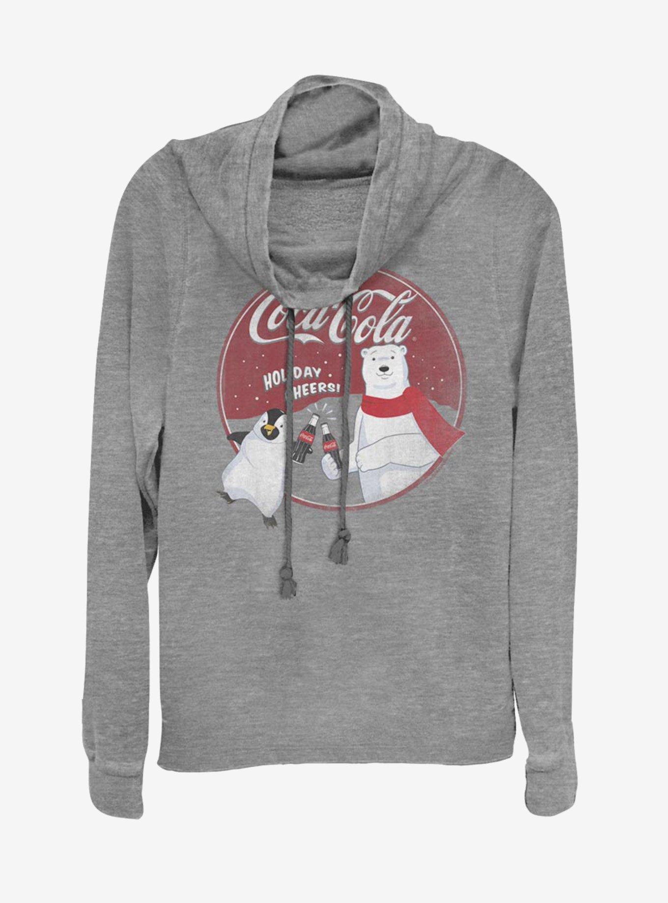 Coke Holiday Cheers Bear Penguin Cowl Neck Long-Sleeve Girls Top, GRAY HTR, hi-res
