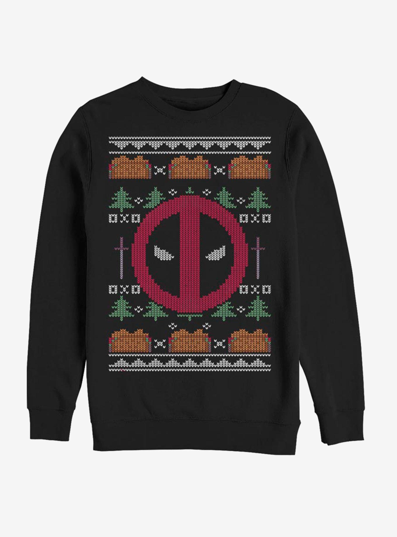 Marvel Deadpool Face Ugly Christmas Crew Sweatshirt, BLACK, hi-res