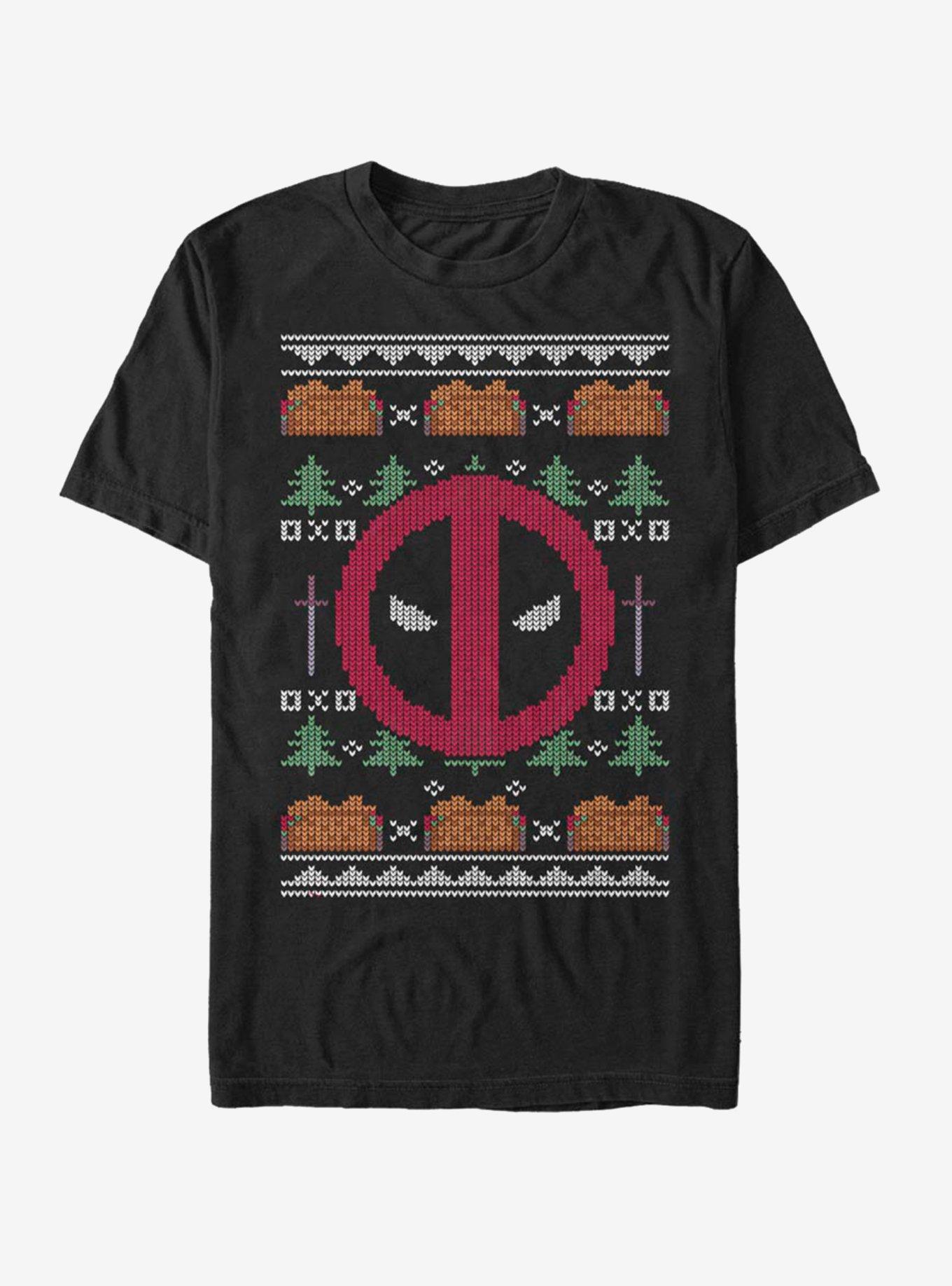 Marvel Deadpool Face Ugly Christmas T-Shirt, BLACK, hi-res