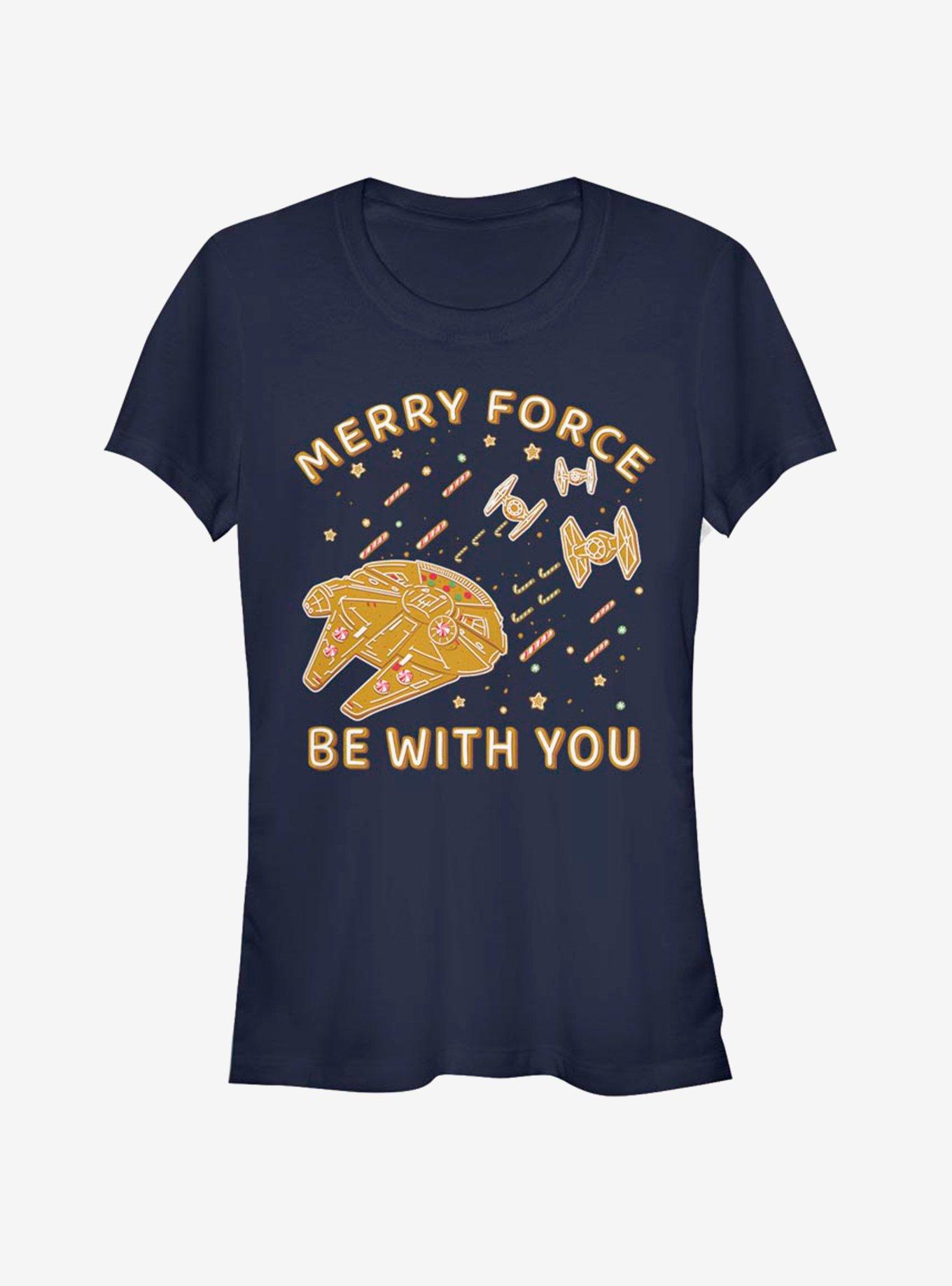 Star Wars Gingerbread Falcon Merry Force Be With You Girls T-Shirt, NAVY, hi-res