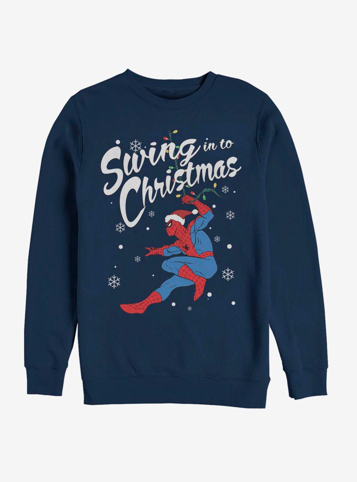 Marvel Spider-Man Swinging Spidey Christmas Crew Sweatshirt, NAVY, hi-res