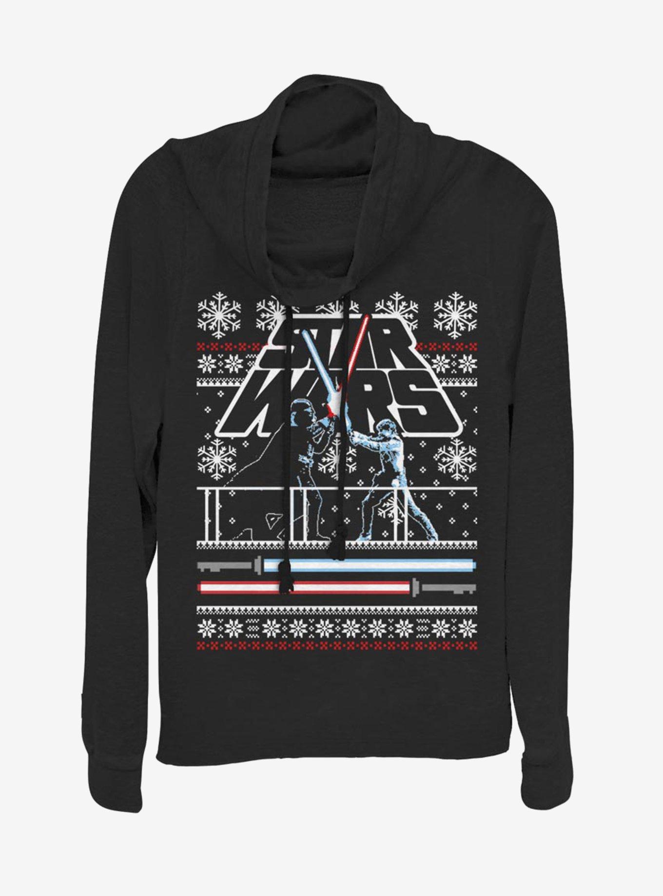 Star Wars Vader Luke Face Off Ugly Christmas Cowl Neck Long-Sleeve Girls Top, , hi-res