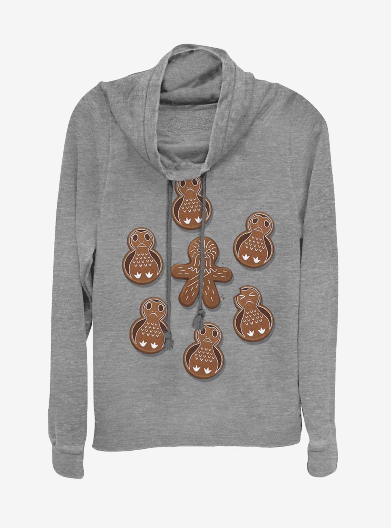 Star Wars Gingerman Porg Christmas Cookies Cowl Neck Long-Sleeve Girls Top, GRAY HTR, hi-res