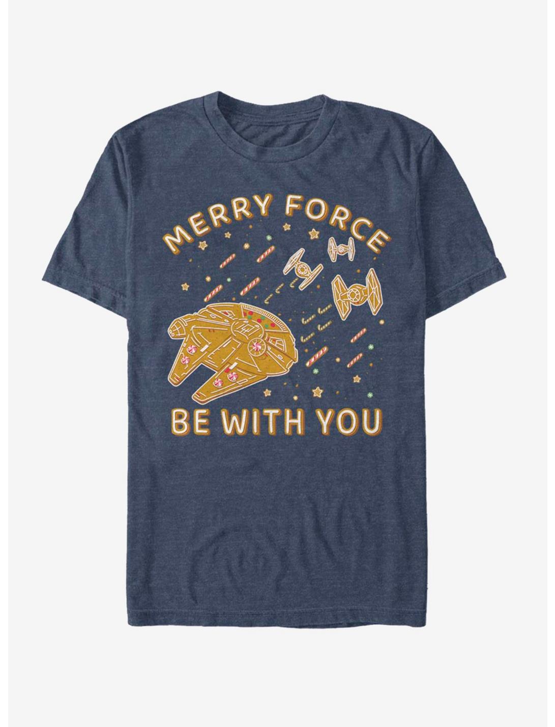 Star Wars Gingerbread Falcon Merry Force Be With You T-Shirt, NAVY HTR, hi-res