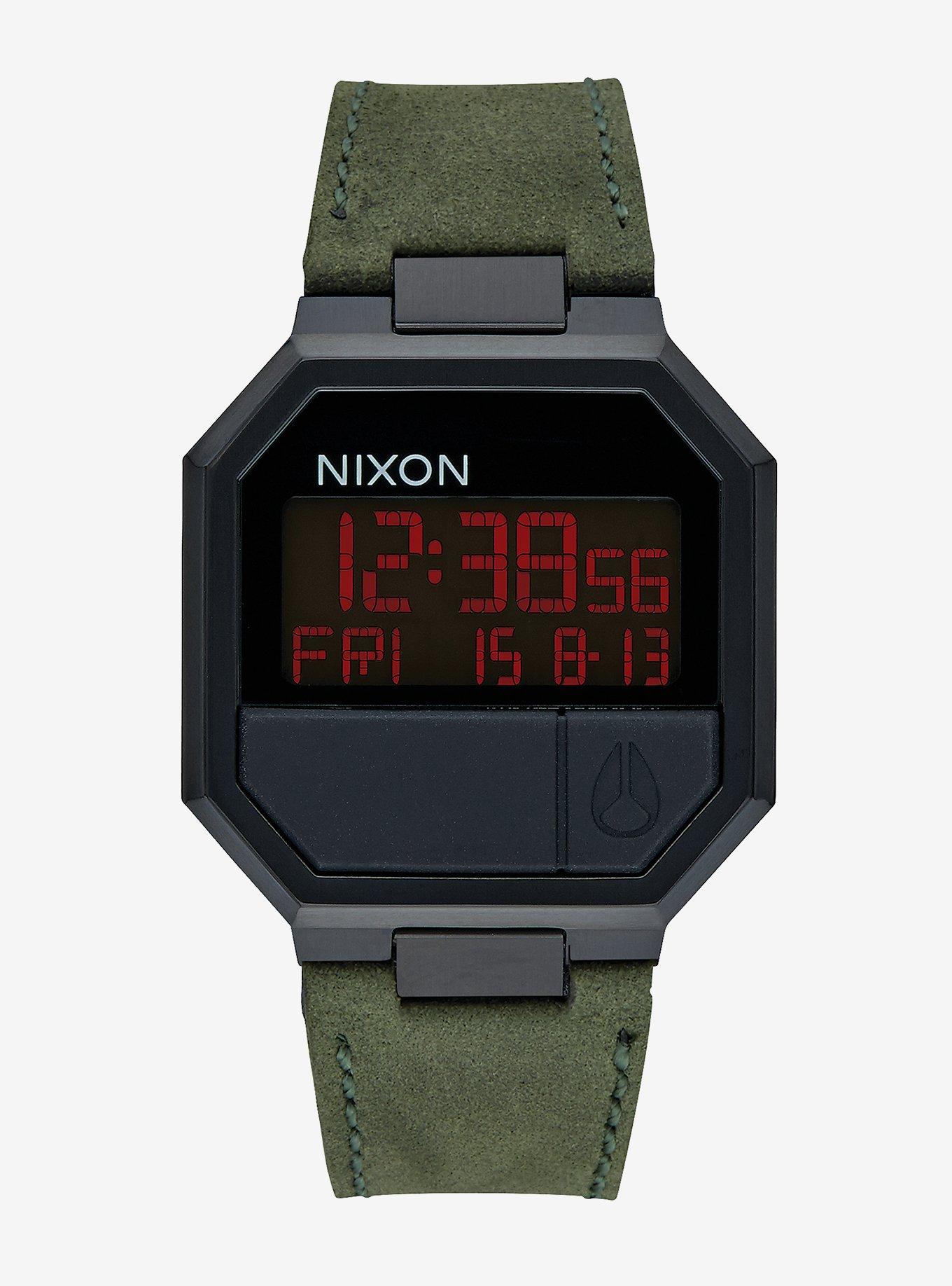 Nixon Re-Run Leather All Black Green Watch, , hi-res