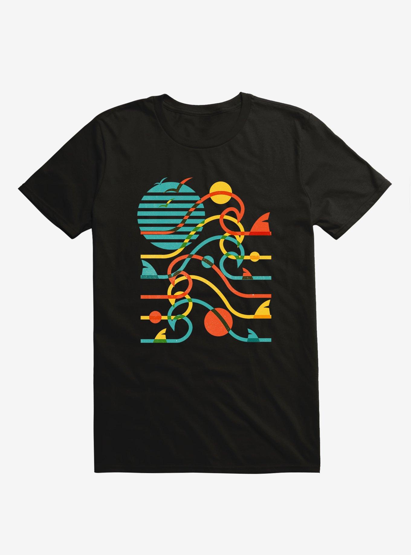Sun, Waves, And Bites Shark Black T-Shirt, , hi-res