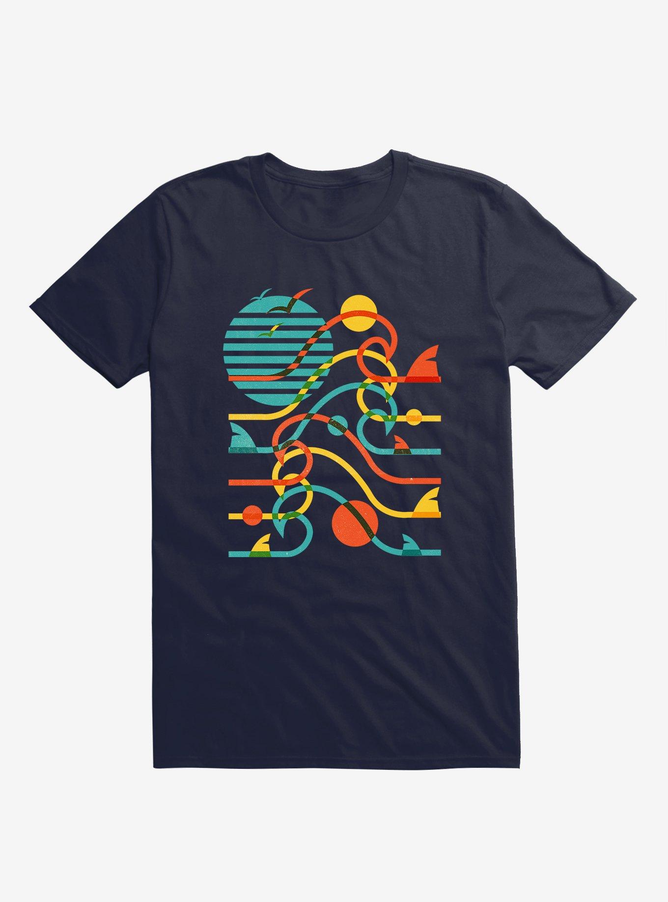 Sun, Waves, And Bites Shark Navy Blue T-Shirt, , hi-res