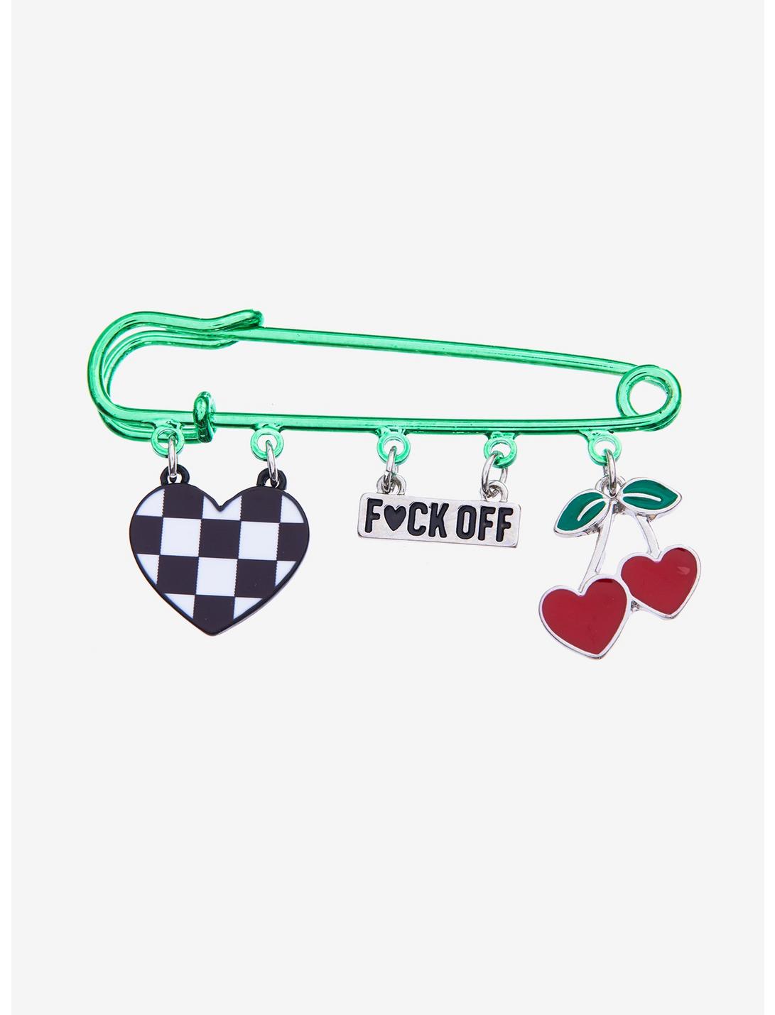 F*ck Off Checkered Heart & Cherry Safety Pin, , hi-res