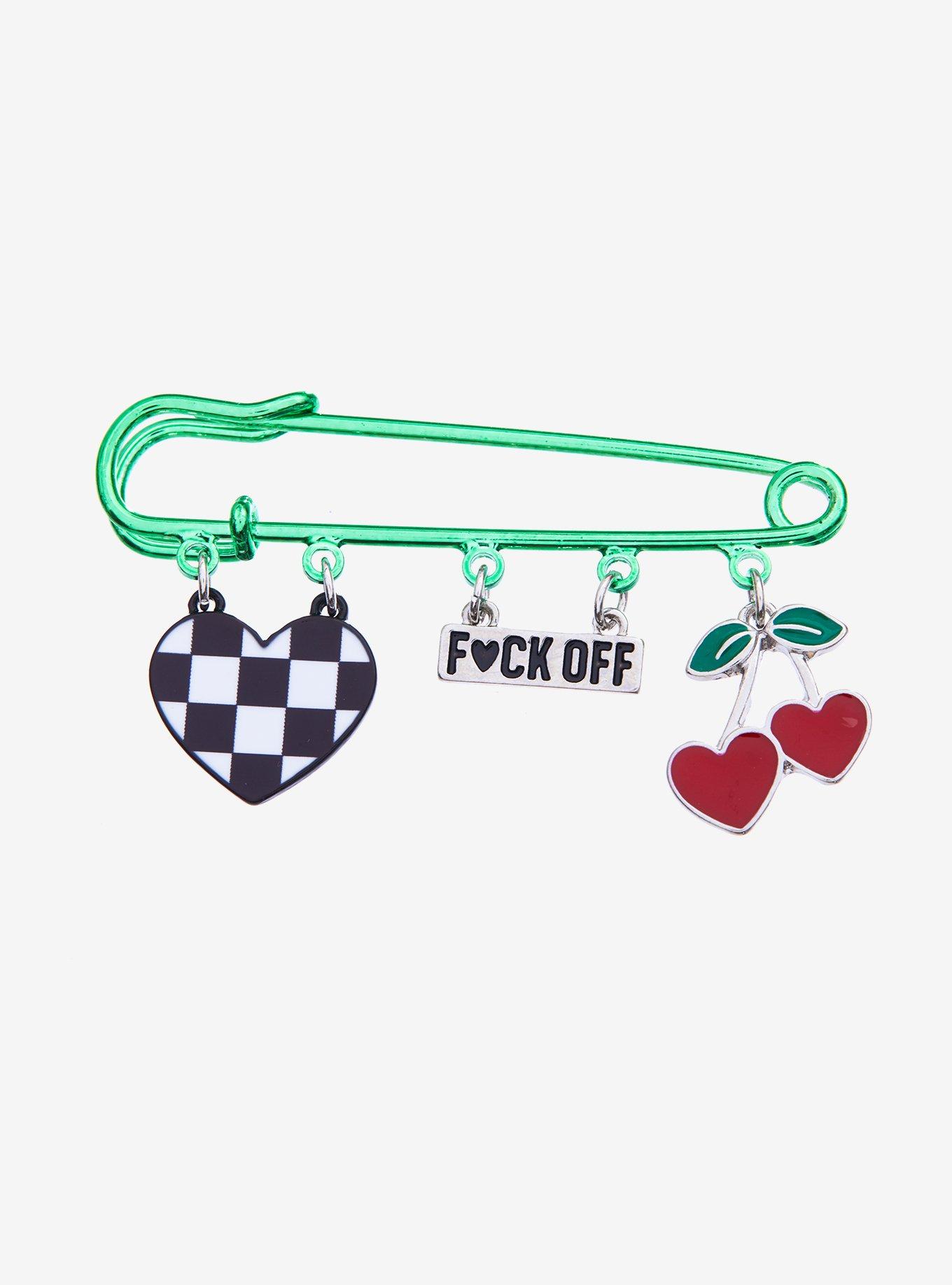 F*ck Off Checkered Heart & Cherry Safety Pin, , hi-res