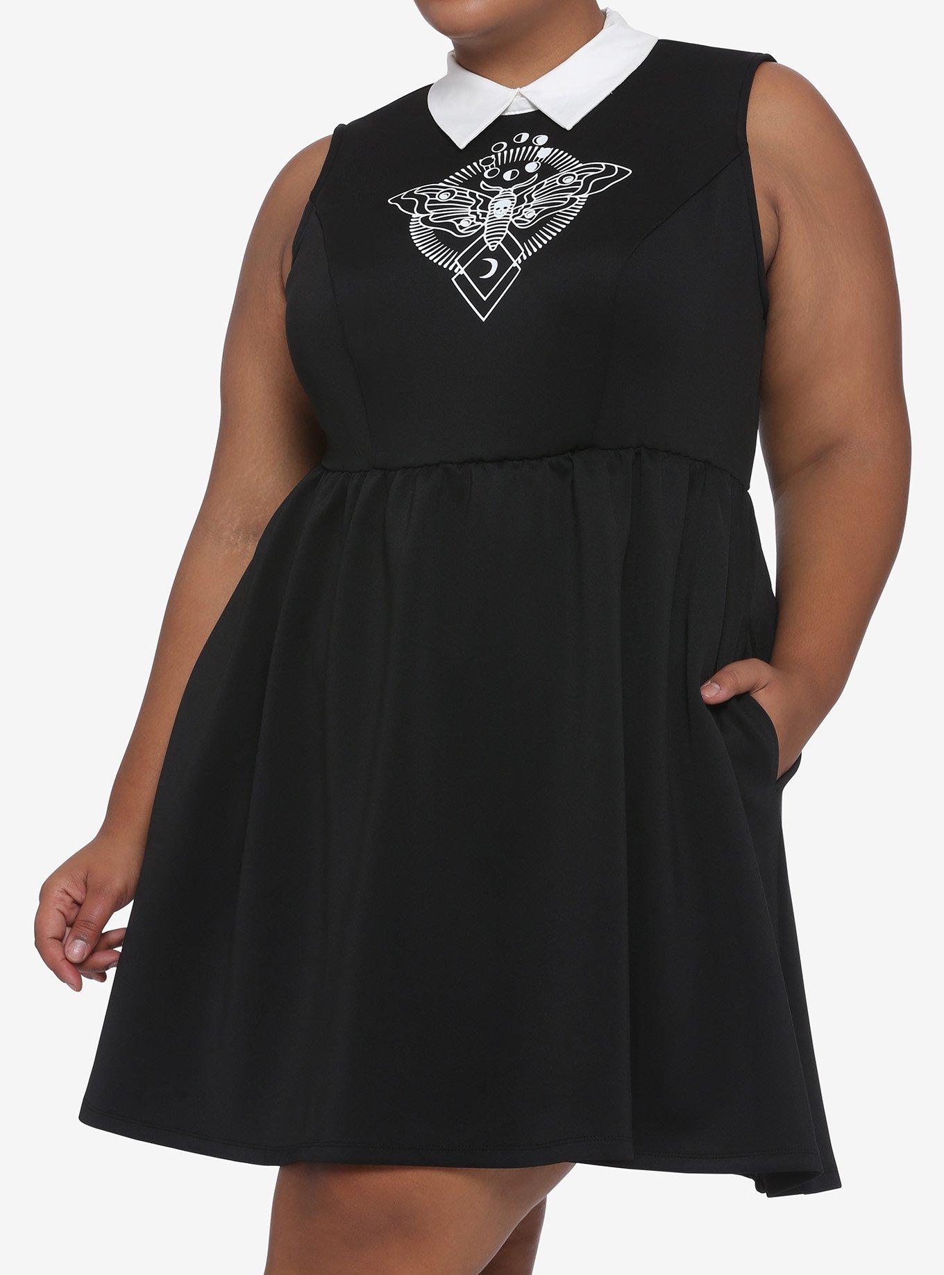 Death's-Head Moth Collared Dress Plus Size, BLACK, hi-res