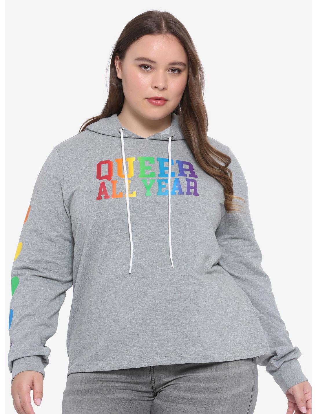 Queer All Year Girls Crop Hoodie Plus Size, RAINBOW, hi-res