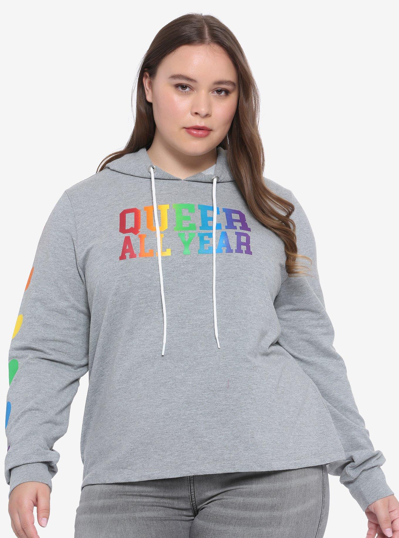 Queer All Year Girls Crop Hoodie Plus Size, RAINBOW, hi-res