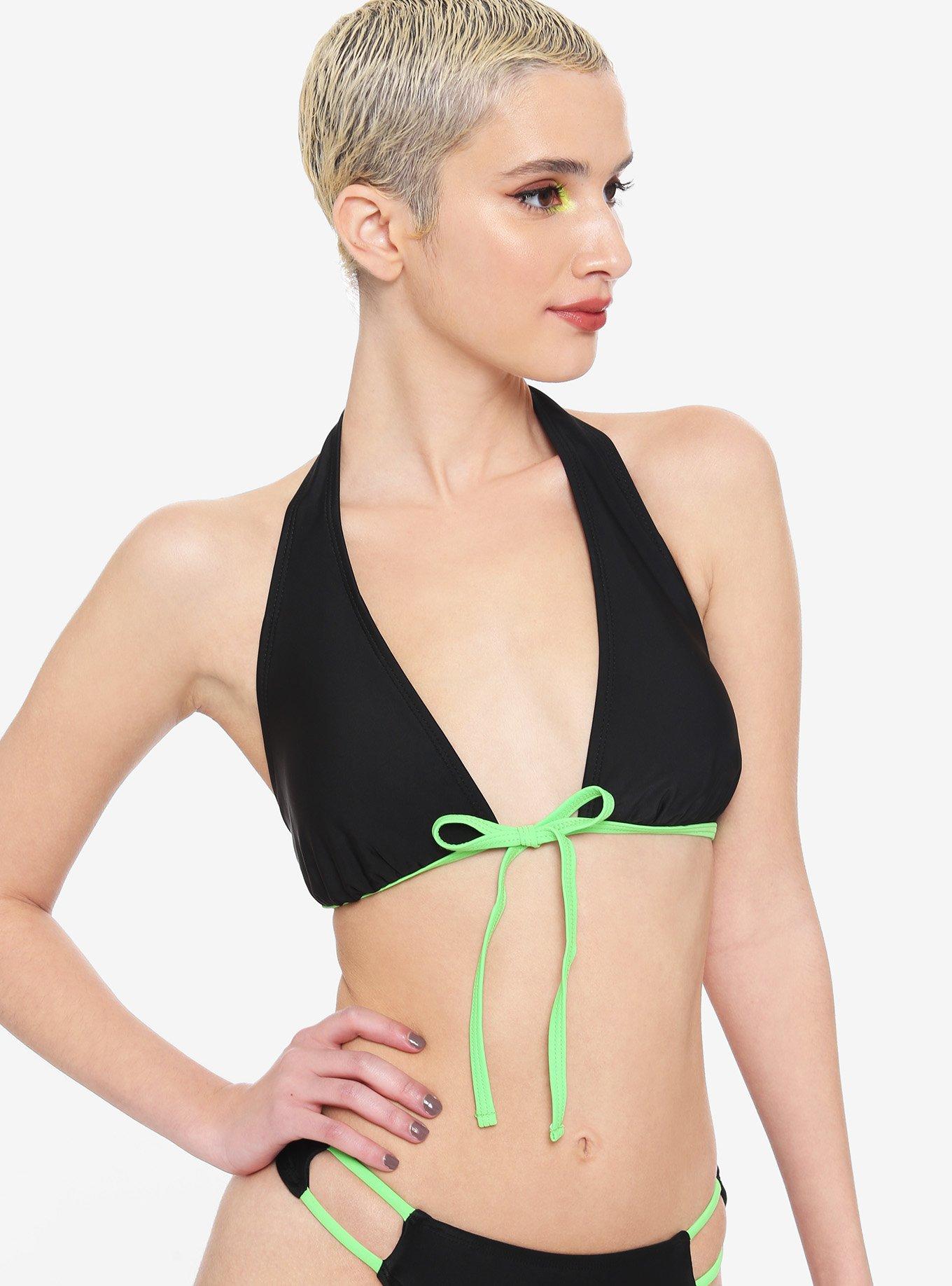 Black & Neon Green Tie-Front Triangle Halter Swim Top, MULTI, hi-res