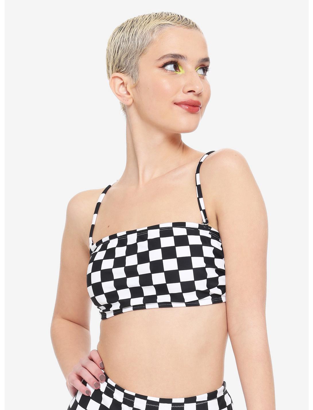 Black & White Checkered Bandeau Swim Top, MULTI, hi-res