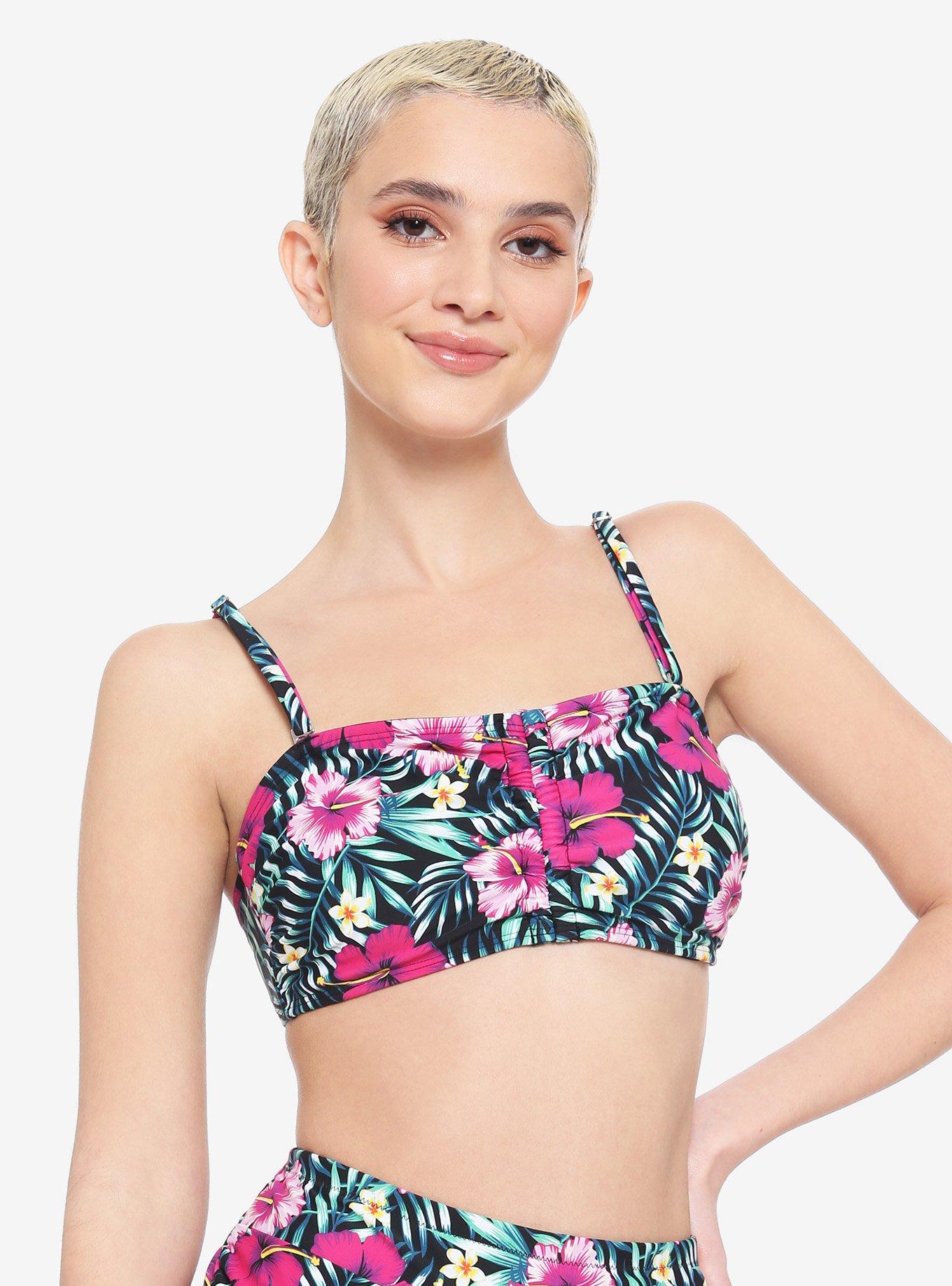 Pink Tropical Floral Bandeau Swim Top, MULTI, hi-res